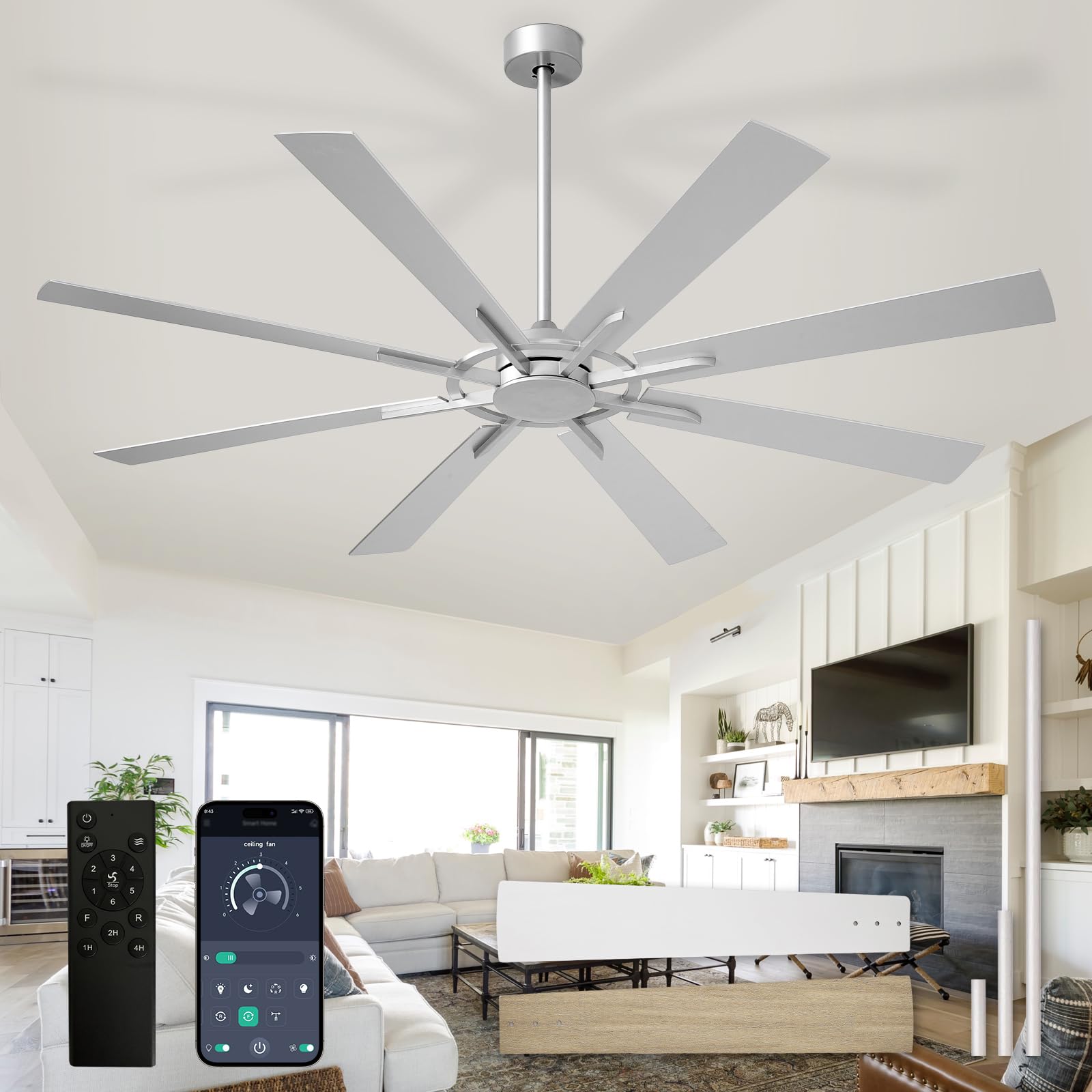 Depuley Grande ventilatore da soffitto senza illuminazione: Ventilatore da soffitto da esterno da 72 pollici a 8 pale con telecomando - Grande ventilatore in nichel spazzolato senza illuminazione