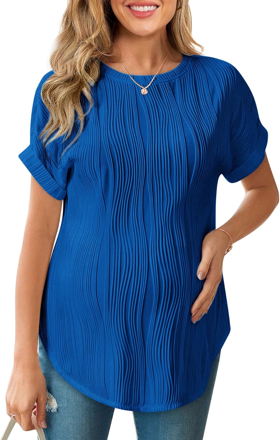 FMEYOA Womens Maternity Shirts Casual Textured Short Sleeve Crew Neck Spring Summer Pregnancy Tops S-XXL