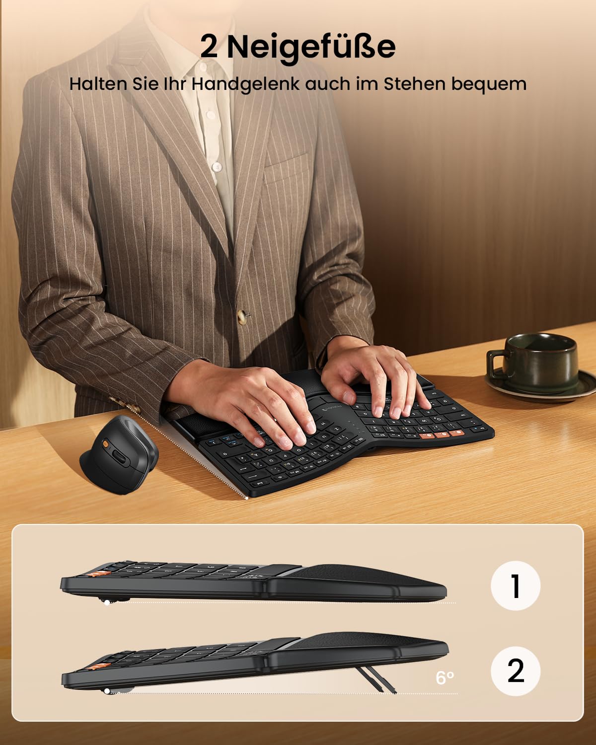 ProtoArc Ergonomiczna klawiatura Bluetooth, EK04 mini bezprzewodowa klawiatura Ergo, kompaktowa z podpórką pod nadgarstek, dzielona konstrukcja, naturalne uczucie pisania, Bluetooth i USB, możliwość