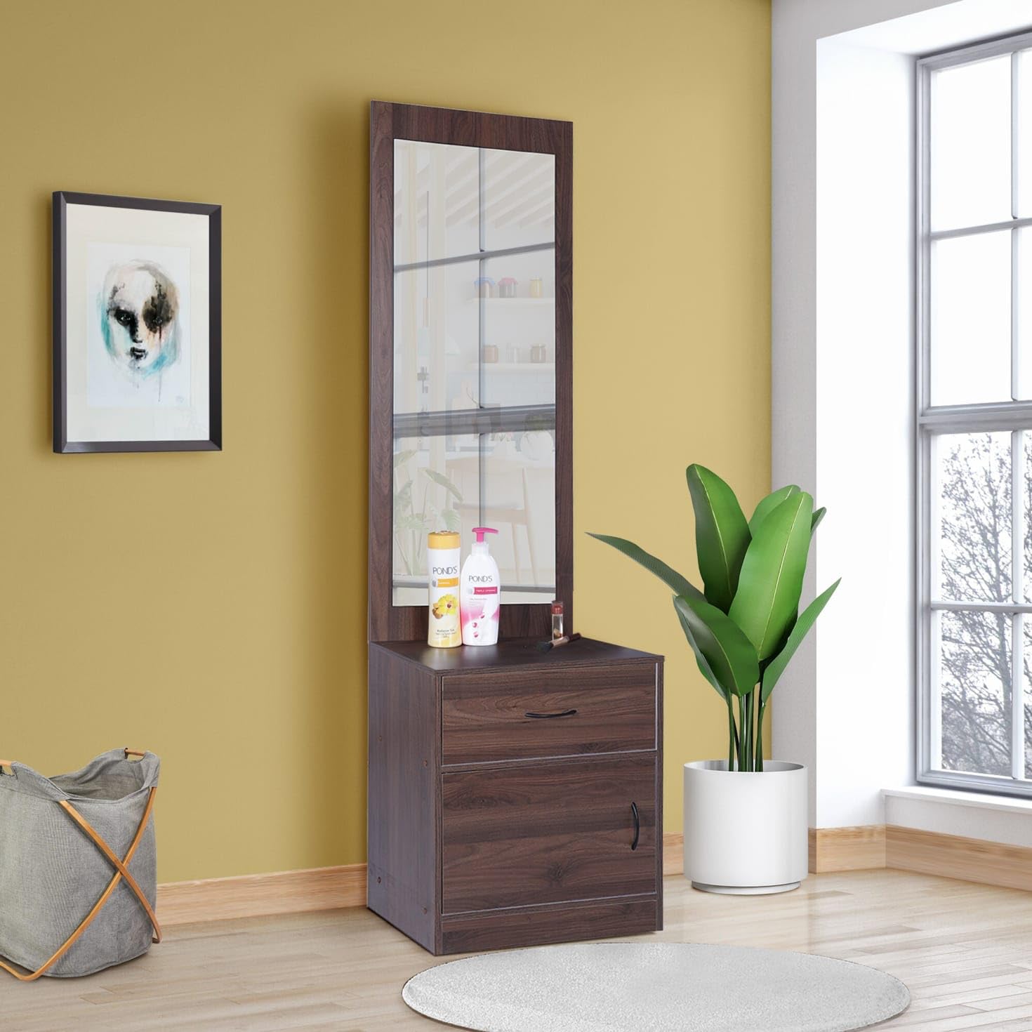 Ozone Furniture Engineered Wood Makeup Table with Mirror, Modern Style, 70W x 40D x 180H cm, Black and Brown-image-25