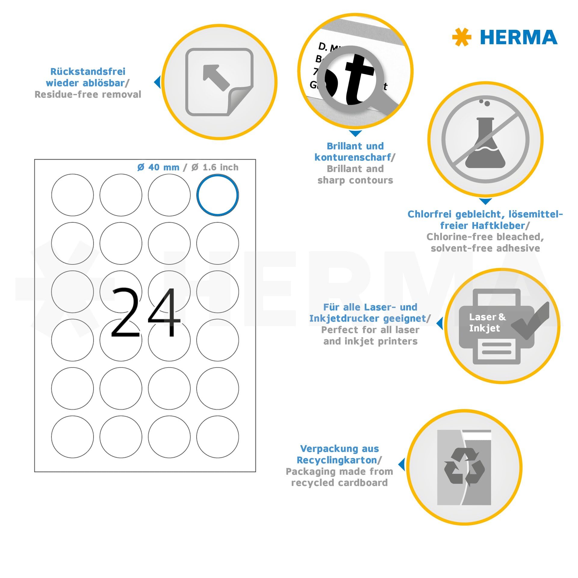 HERMA 5066 Universal Etiketten ablösbar rund, 25 Blatt, Ø 40 mm, 24 pro A4 Bogen, 600 Stück, selbstklebend, bedruckbar, matt, blanko Papier Klebeetiketten Aufkleber, weiß