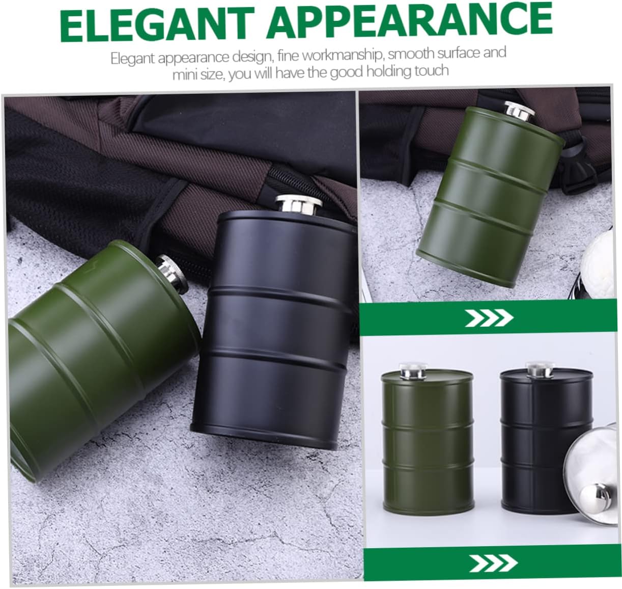 ULTECHNOVO Stainless Steel Leak Liquor Flask Gasoline Drum Design Compact Lightweight Canteen for Camping Hiking Outdoor Adventure Rustproof Reusable Wine Container in Green