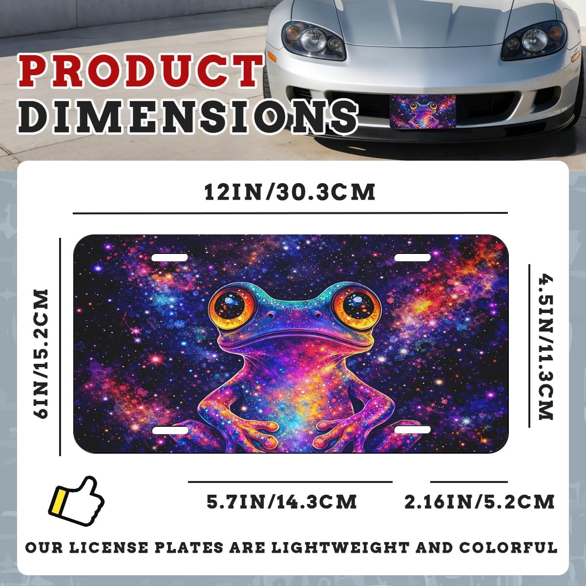 Frog Galaxy Neon Front License Plate Cosmic Space Psychedelic Cute Aesthetic Art Car Decorative License Plates Aluminum Metal Accessory Novelty Vanity Tag Cover with 4 Holes for Men Women 6" X 12"