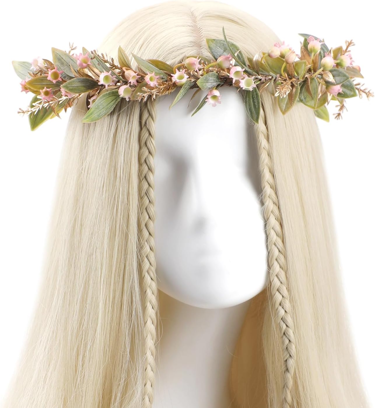 Pink Flower Crown Headband - Adjustable Golden Green Leaf Floral Headpiece Renaissance Hair Accessories for Women Girls Bridal Wedding Birthday Vacation Festival Party Photo Props - Image 3