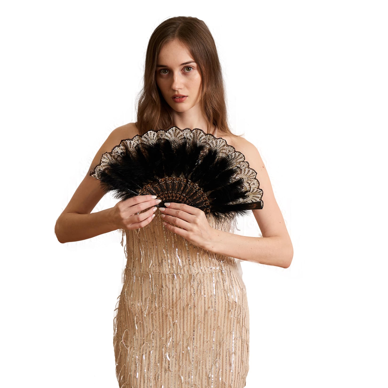 Happy Feather Embroidered Flower Marabou Feather Fan, 1920s Vintage Style Flapper Hand Fan for Costume Party Dancing-Black
