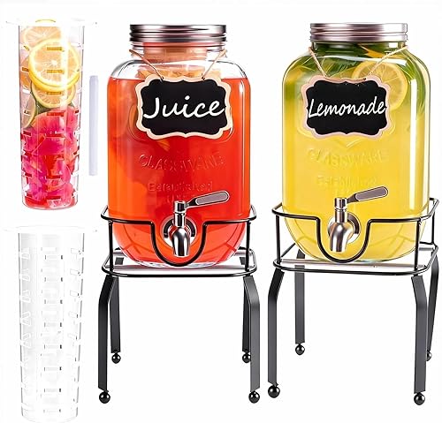 Paquete de 2 dispensadores de bebidas de vidrio de 1 galón para fiestas, dispensador de bebidas con soporte, espita de acero inoxidable 188 a prueba