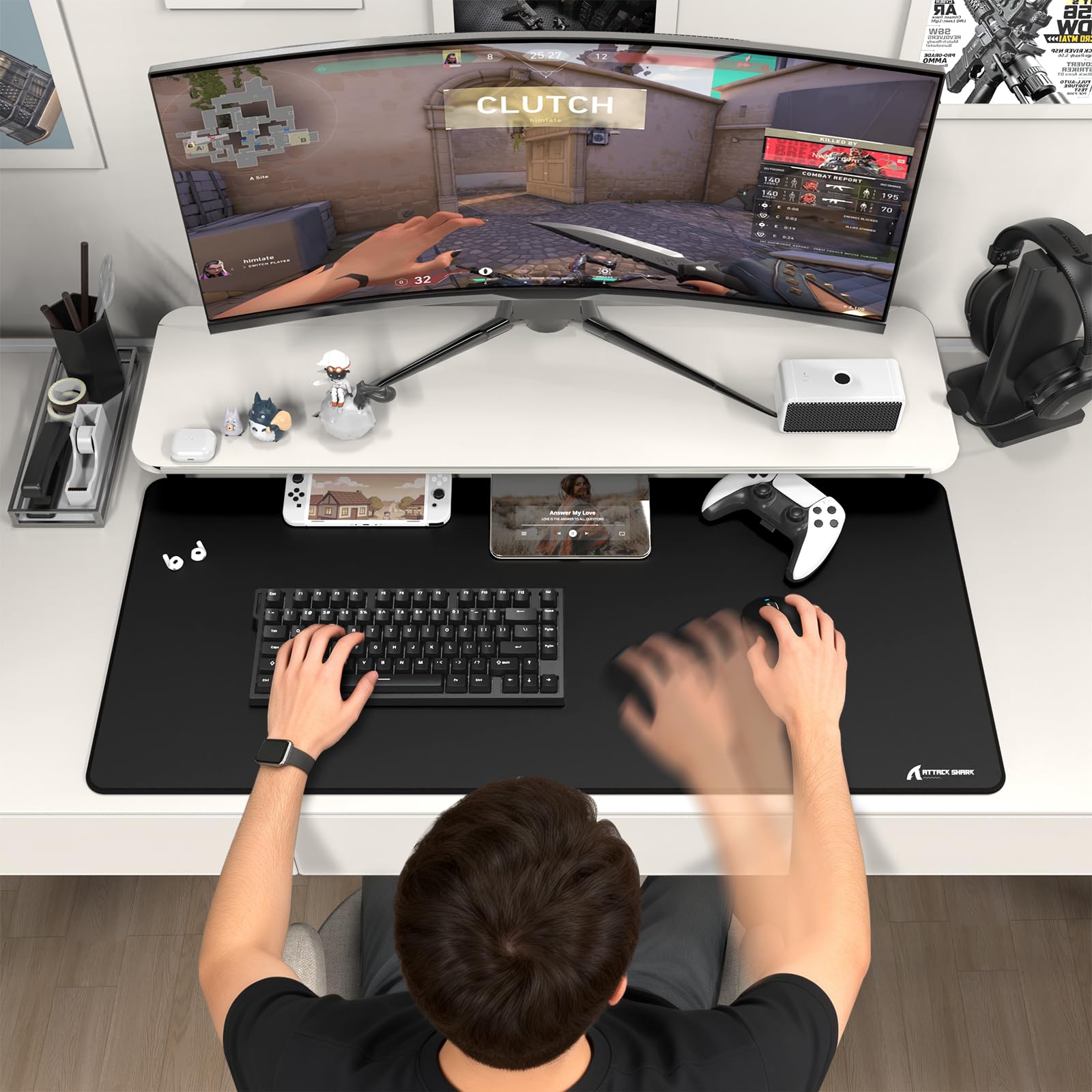 ATTACK SHARK CM02PRO E-Sport-Gaming-Mauspad, strapazierfähiges, großformatiges Mauspad mit wasserabweisender Beschichtung, Rutschfester Unterseite und vernähten Kanten, 900 x 400 x 4 mm,schwarz