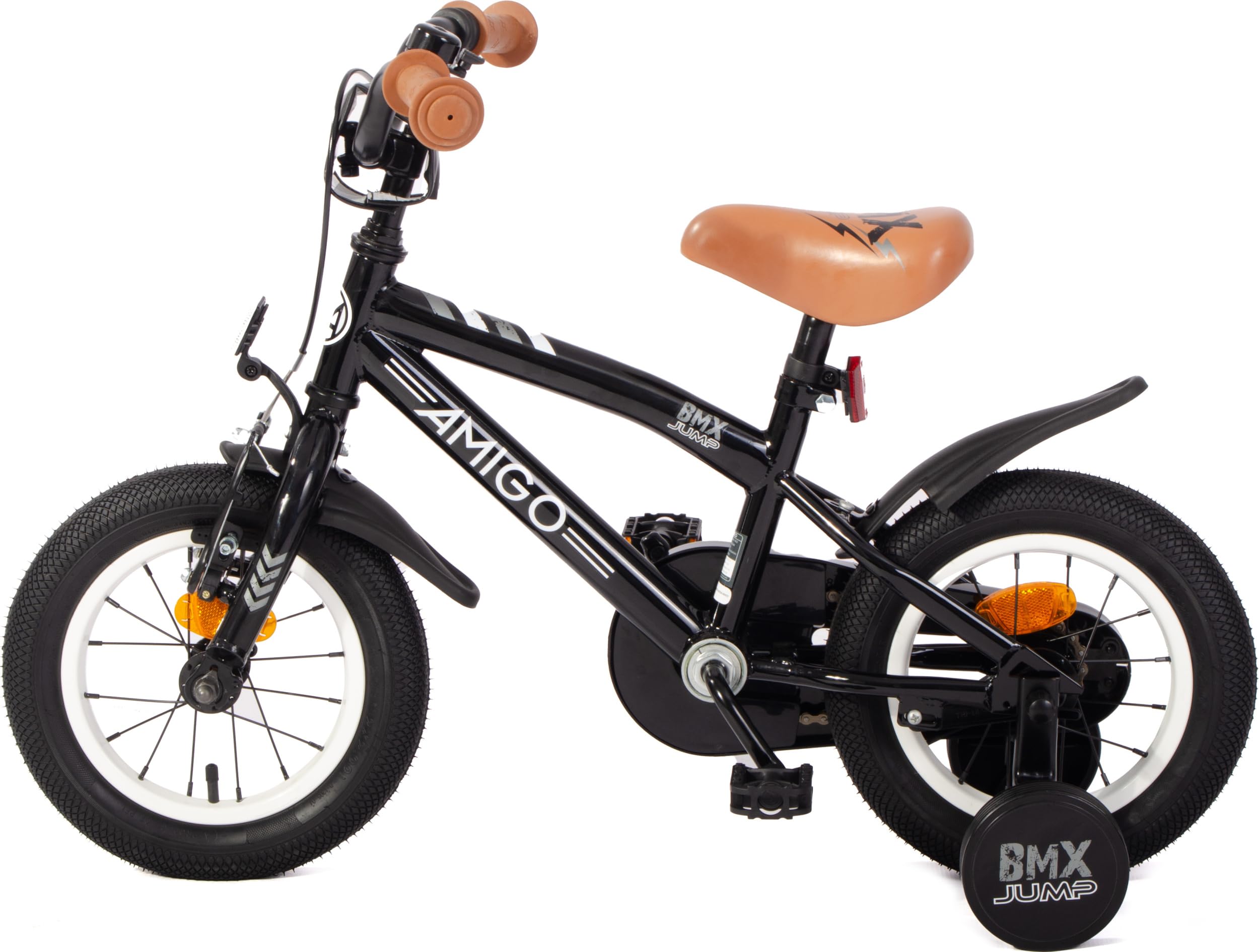 AMIGO BMX Jump - Kinderfahrrad Jungen - 12 Zoll - Mit Rucktrittbremse und V-Brake und Stützräder - ab 3-4 Jahr - Schwarz/Weiß