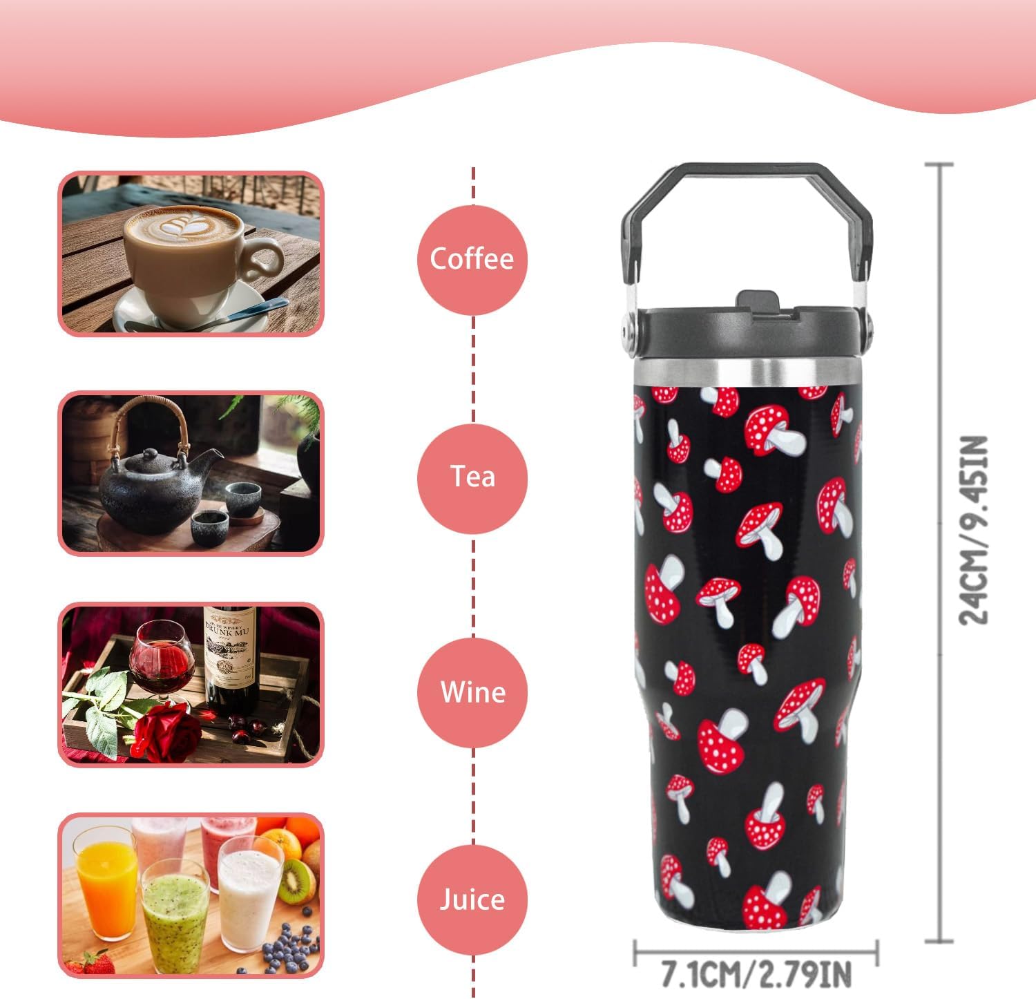 30 oz Mushroom Tumbler with Handle Flip Straw Coffee Mug Leak Proof Insulated Cup Water Bottle Gifts for Mushroom Lover - Image 3