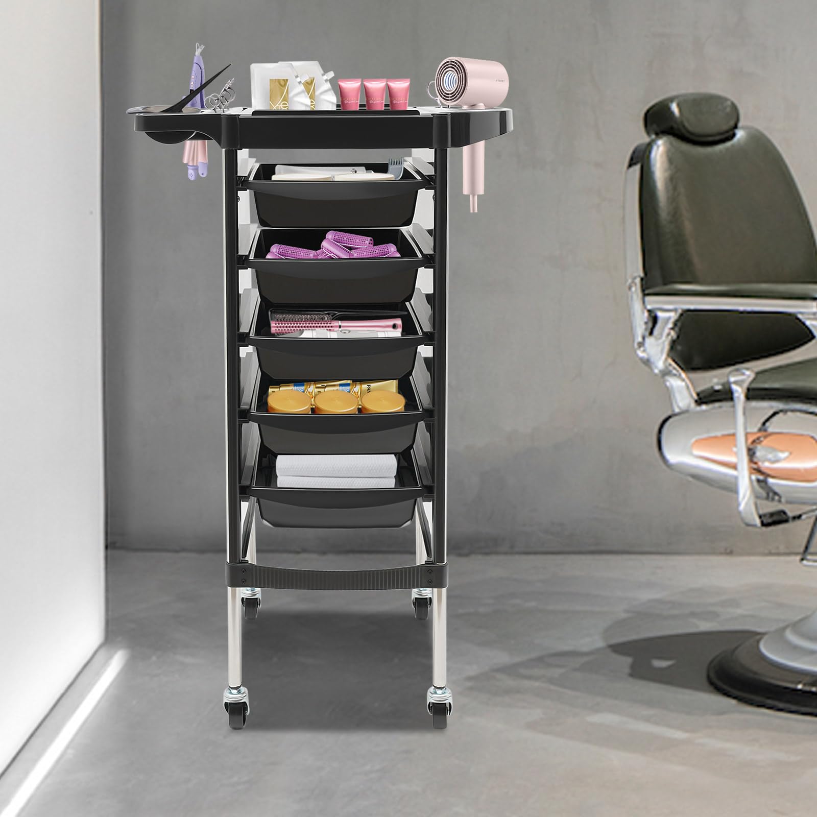 Carrito de peluquería con ruedas 6 niveles 5 cajones extraíbles negro