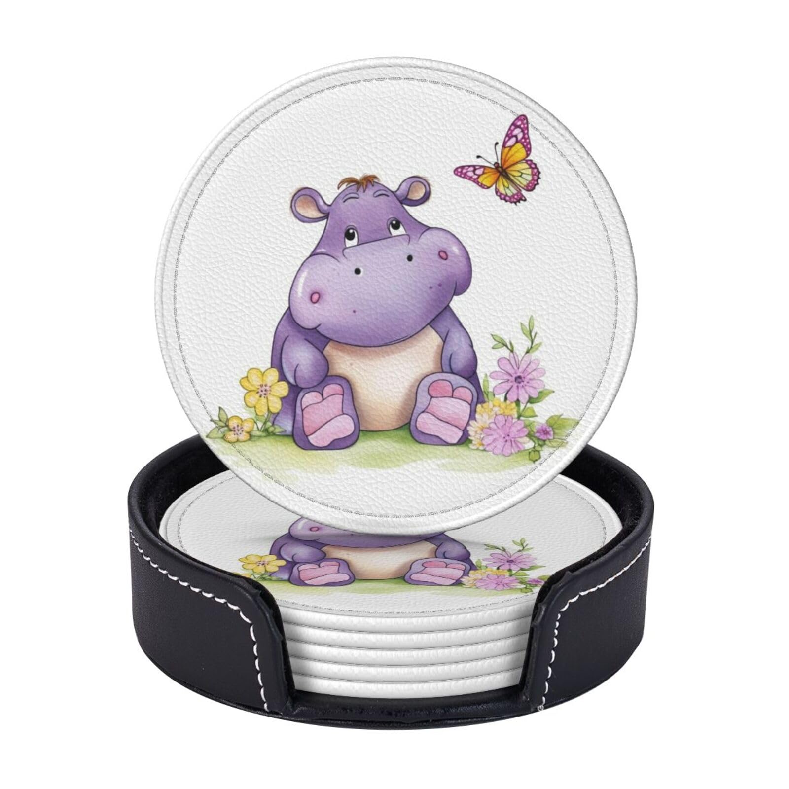6PCS Drink Coasters with Holder, 4" Leather Coasters for Drinks, Butterfly and Hippo Cup Coasters for Coffee Table Decor, Non-Slip Drinking Cup Mat for Hot or Cold Drink