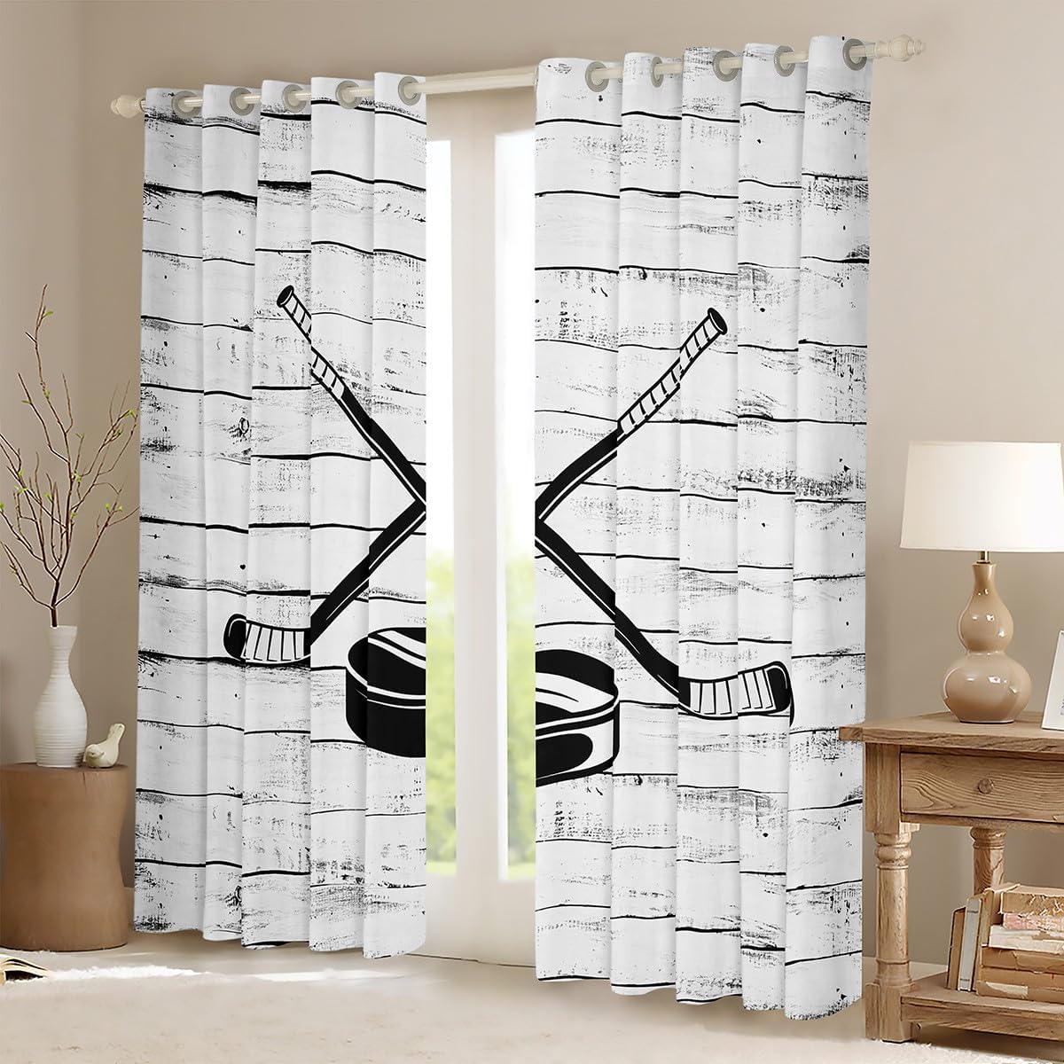 Ice Hockey Curtains for Bedroom Living Room Girls Kids (2 Panels, 52 x 63 Inch) Ice Sports Games Blackout Curtainsative Rustic Wooden Puck Hockey Darkening Dreapes Winter Sports Window Treatments