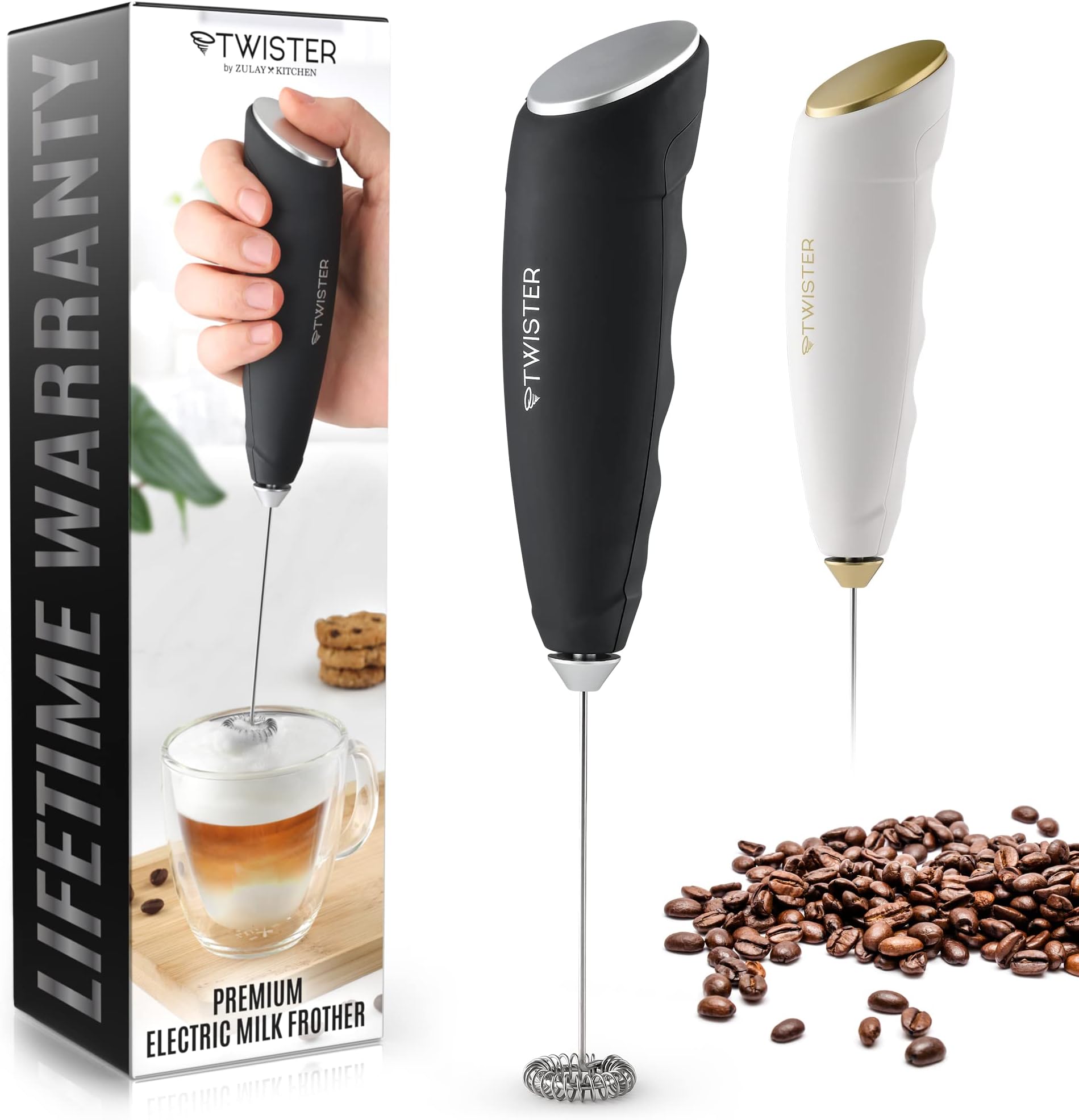 Zulay Kitchen Powerful Milk Frother Handheld - Easy-to-Grip Hand Mixer Electric - Twister-Design Mini Mixer for Powder Drinks - Coffee Frother Handheld & Mixer Electric Handheld - (Black/Silver)