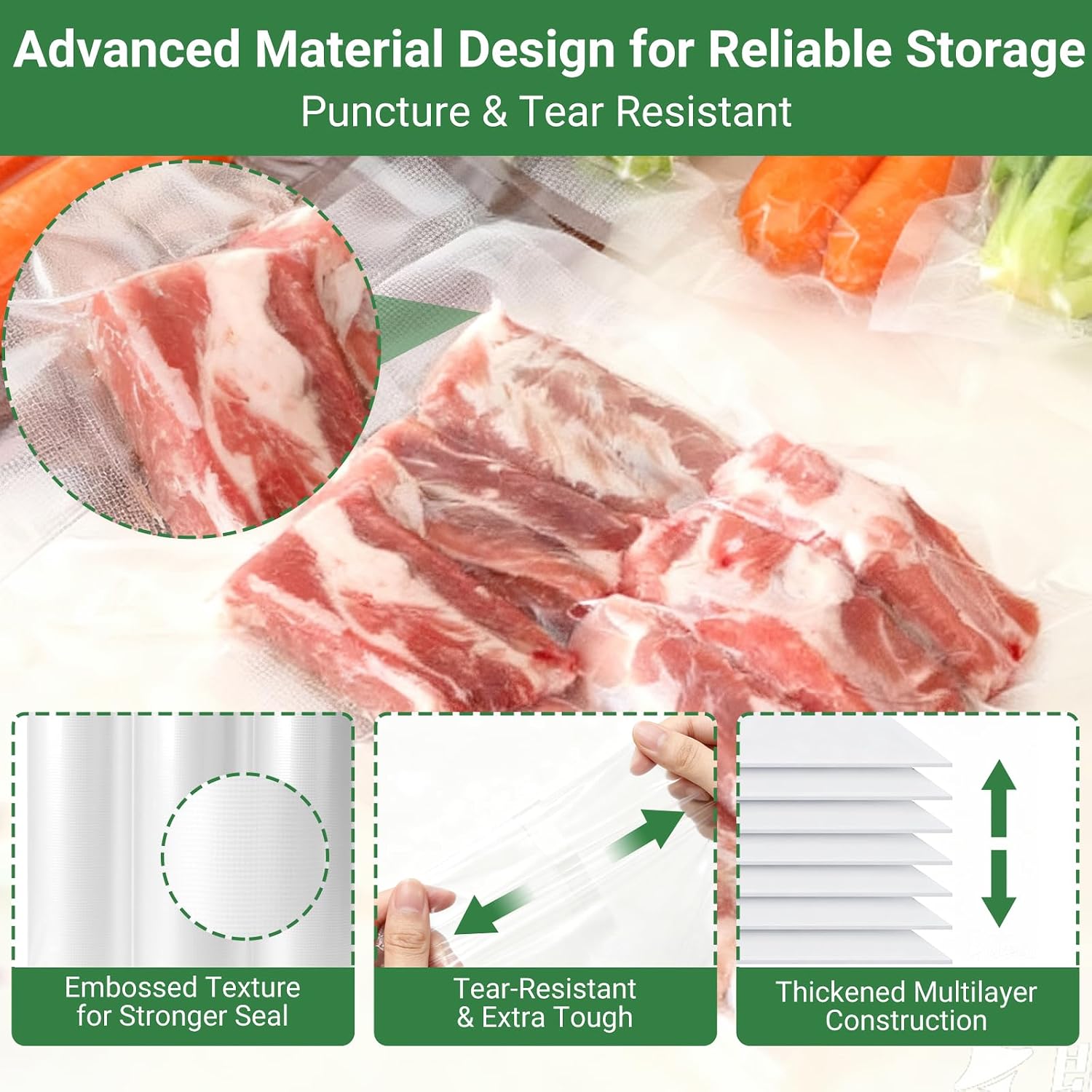 Vacuum Sealer Bags Rolls for Food Storage, 3 Rolls 11" x 16.5', BPA-Free, Heavy Duty, Commercial Grade, Sous Vide & Freezer Safe, Cut to Fit