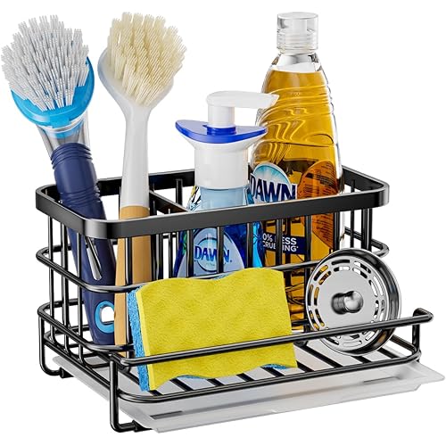 HapiRm Kitchen Sink Organizer, SUS304 Stainless Steel Rustproof Multifunctional Sink Caddy with Sponge Holder and Drain Tray for Kitchen Countertop (Black)