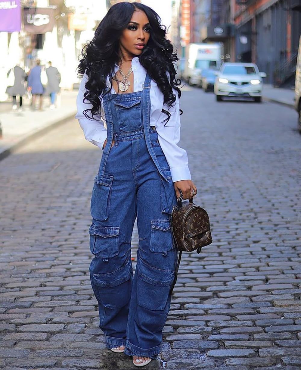Girls overalls women's denim overalls straight high waist Y2K work jeans street fashion summer shoulder large pocket jumpsuit (Small, blue)