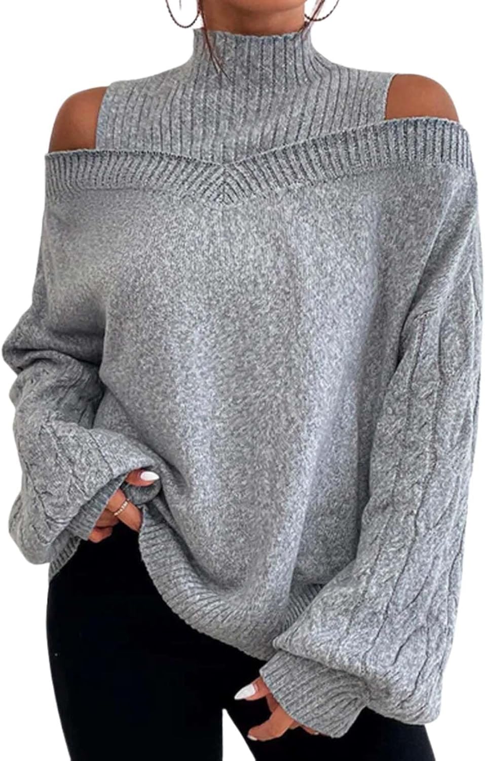 Women's High Neck Cold Shoulder Sweater Chunky Knit Pullover Loose Fit Long Sleeve Fall Winter Top