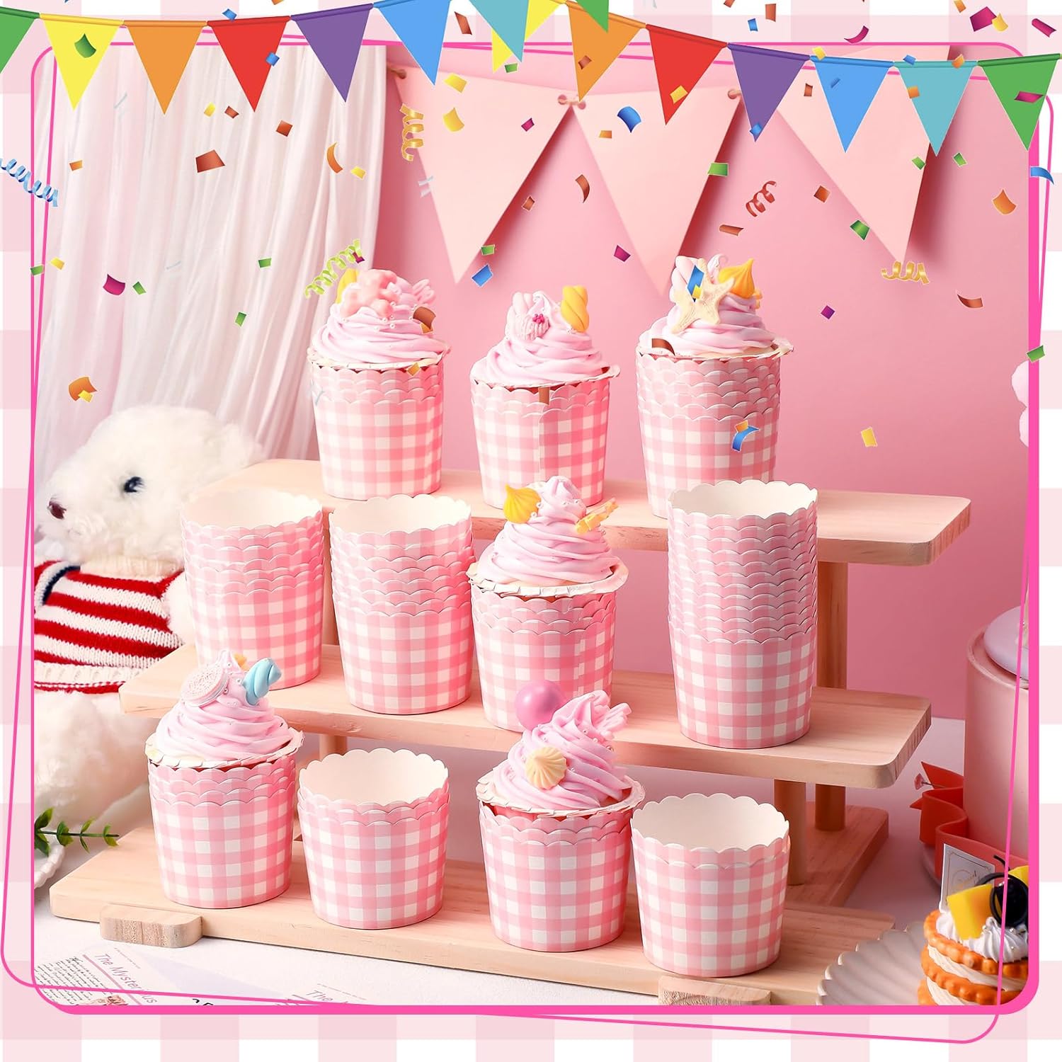 Vesici 150 Pcs Pink Gingham Party Supplies 5 oz Ice Cream Cups Scalloped Gingham Cupcake Cups Paper Cupcake Wrappers Muffin Cases for Birthday Wedding Bridal Shower Tea Party Supplies