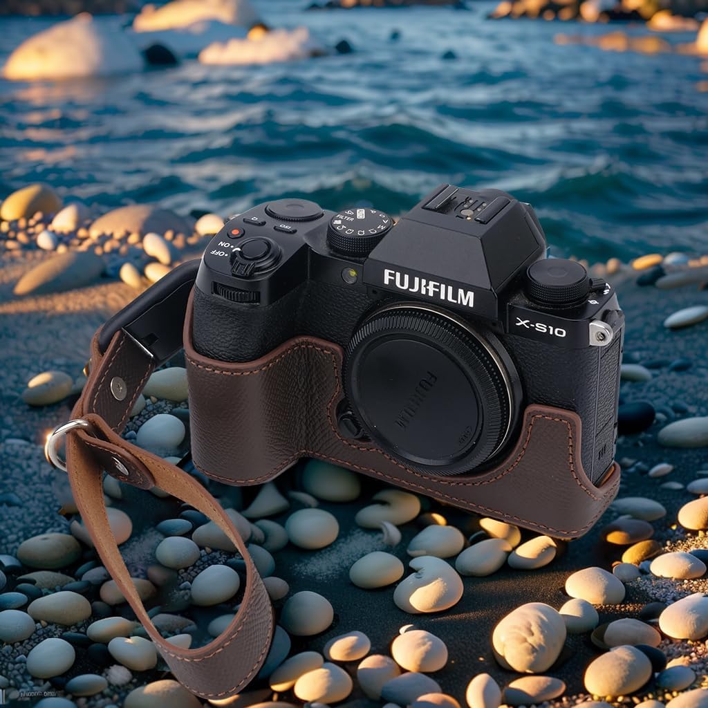 Bowan X-S10 Camera Case, Handmade Genuine Real Leather Half Camera Case Bag Cover for Fujifilm Fuji X-S10 XS10 Camera Bottom Opening Version + Hand Strap (Coffee)