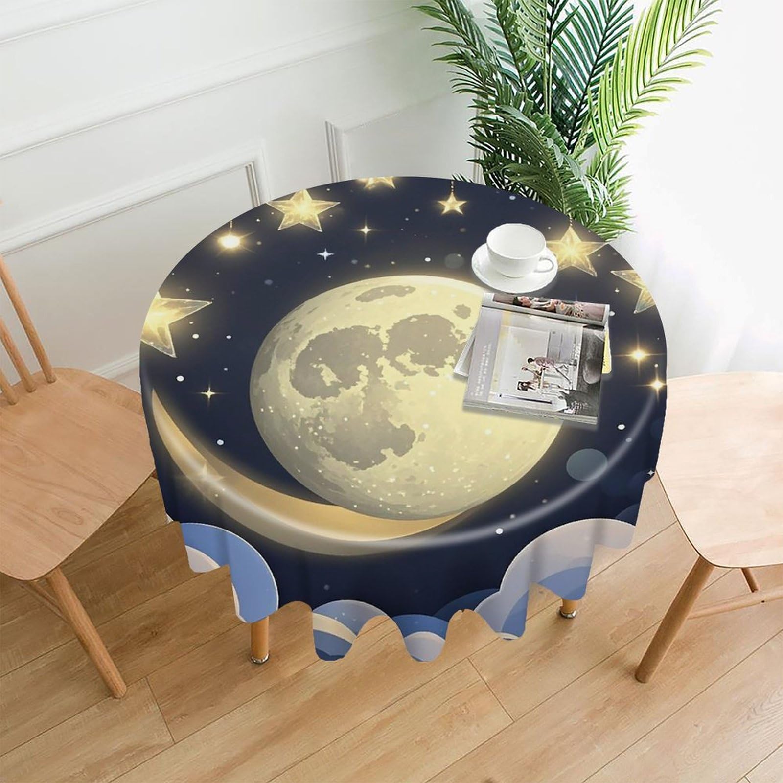 FekiLoot Stars and Moon on Dark Background Tablecloth Decorative Round Table Cloth Wrinkle Resistant Washable Circle Table Cover Round Tablecloth for Picnic Party Camping Dining 60 Inch
