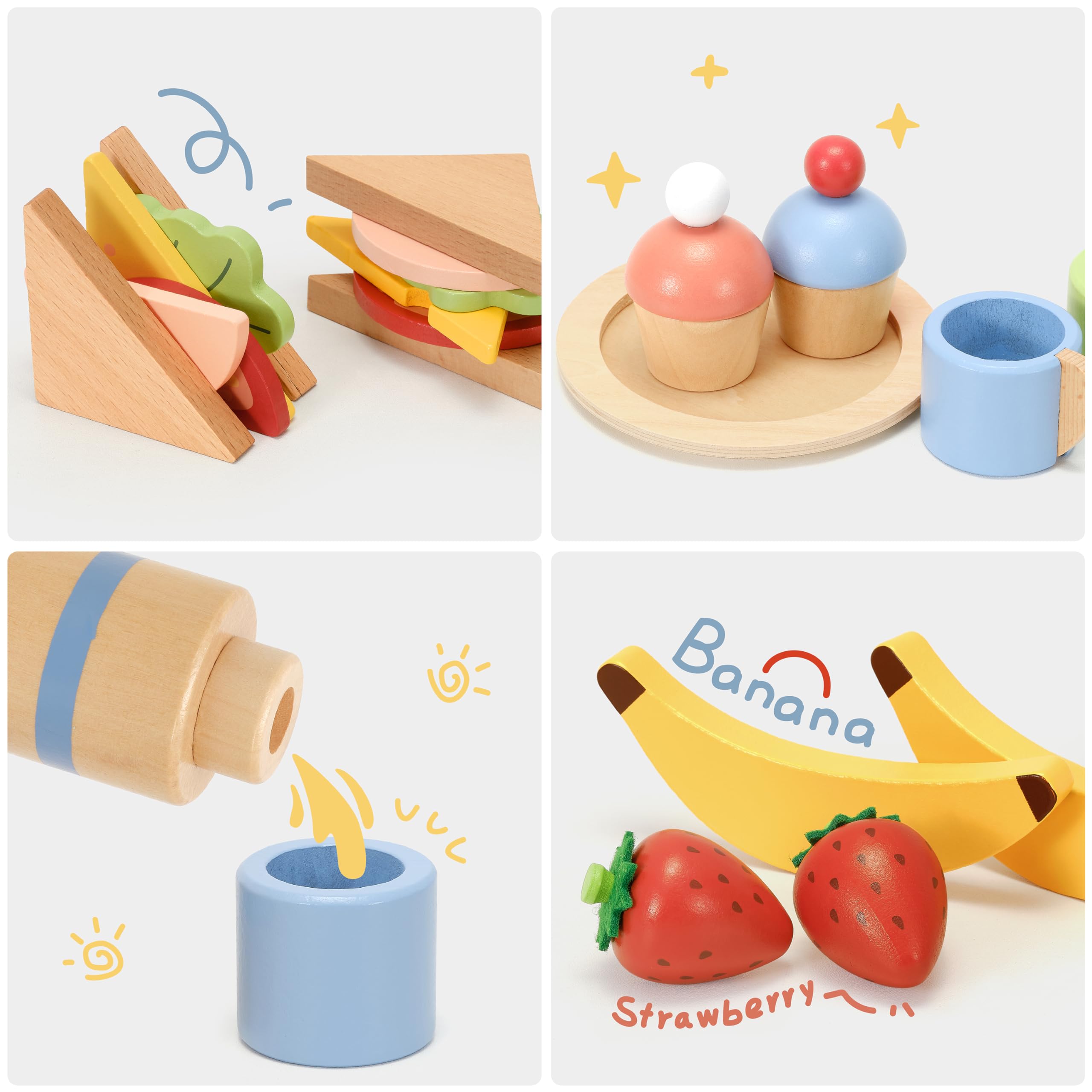 Juego de picnic de madera para niños, 30 piezas de juguete de comida con termos, sándwiches, frutas, utensilios, bolsa de transporte de lona y manta, accesorios de cocina de juego de 3