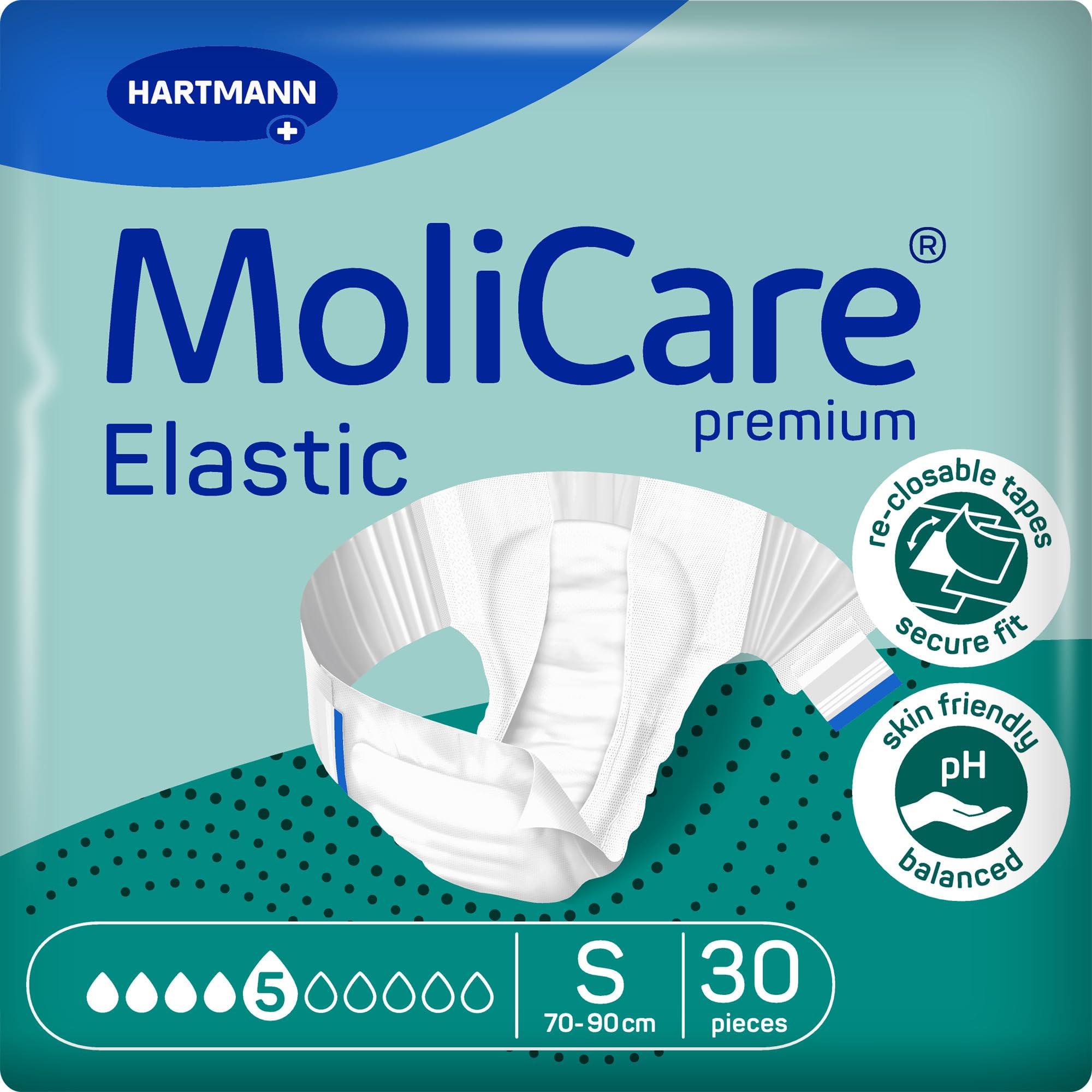 MoliCare Premium Elastic Adult Nappies – 5 Drops | High-Absorbency Disposable Diapers for Men and Women with Incontinence | Size S | Pack of 30