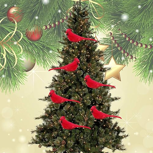 Miniatura 6 de Pannow 12 adornos de Navidad cardenales rojos, pájaros cardenales rojos con clip para decoración de árbol de Navidad, coronas y manualidades, plumas
