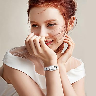 Lancardo Elegant Rectangular Womens Watch: Gold Silver Tone Stainless Steel Easy-Read Roman Numerals Quartz Dainty Wristwatch Perfect for Birthday