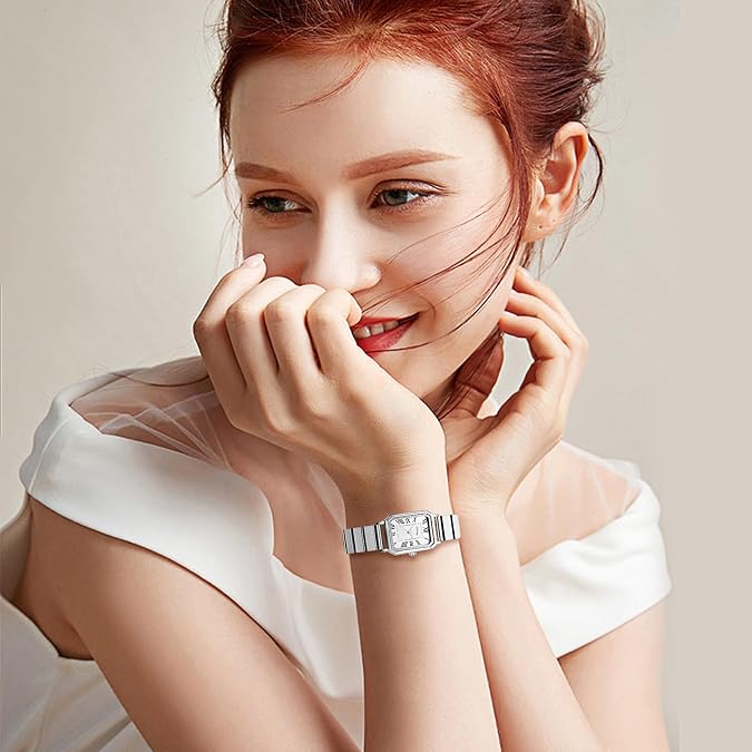 Lancardo Elegant Rectangular Womens Watch: Gold Silver Tone Stainless Steel Easy-Read Roman Numerals Quartz Dainty Wristwatch Perfect for Birthday
