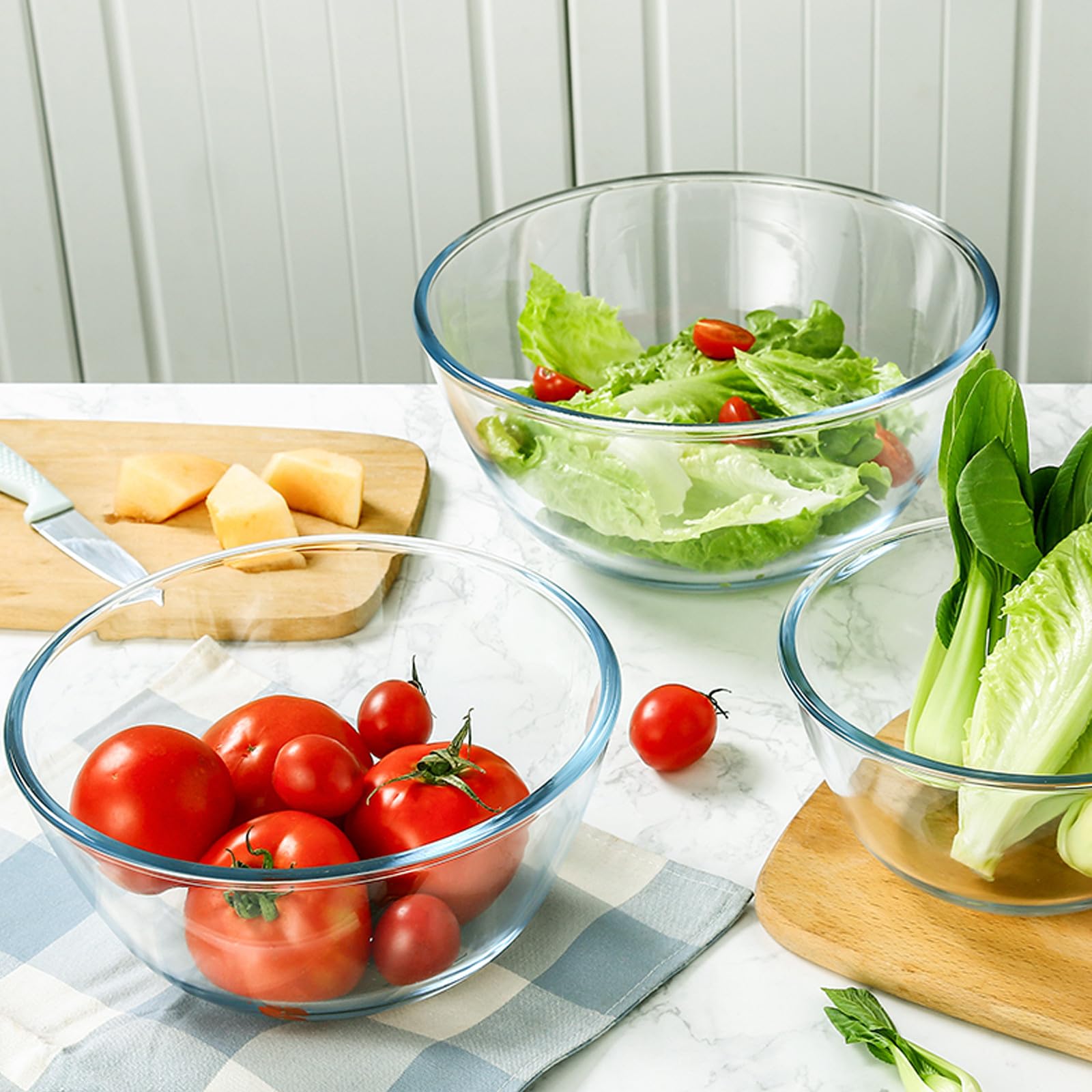 4 Stück Bowleset mit Gläsern aus Dickwandigem Glas Mikrowellengeeignete Salatschüsseln in Verschiedenen Größen für Küche und Nudeln