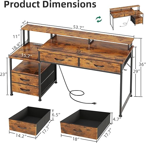 Miniatura 3 de Escritorio para computadora de 53 pulgadas con 4 cajones y tomas de corriente, escritorio reversible de oficina en casa con soporte para monitor y