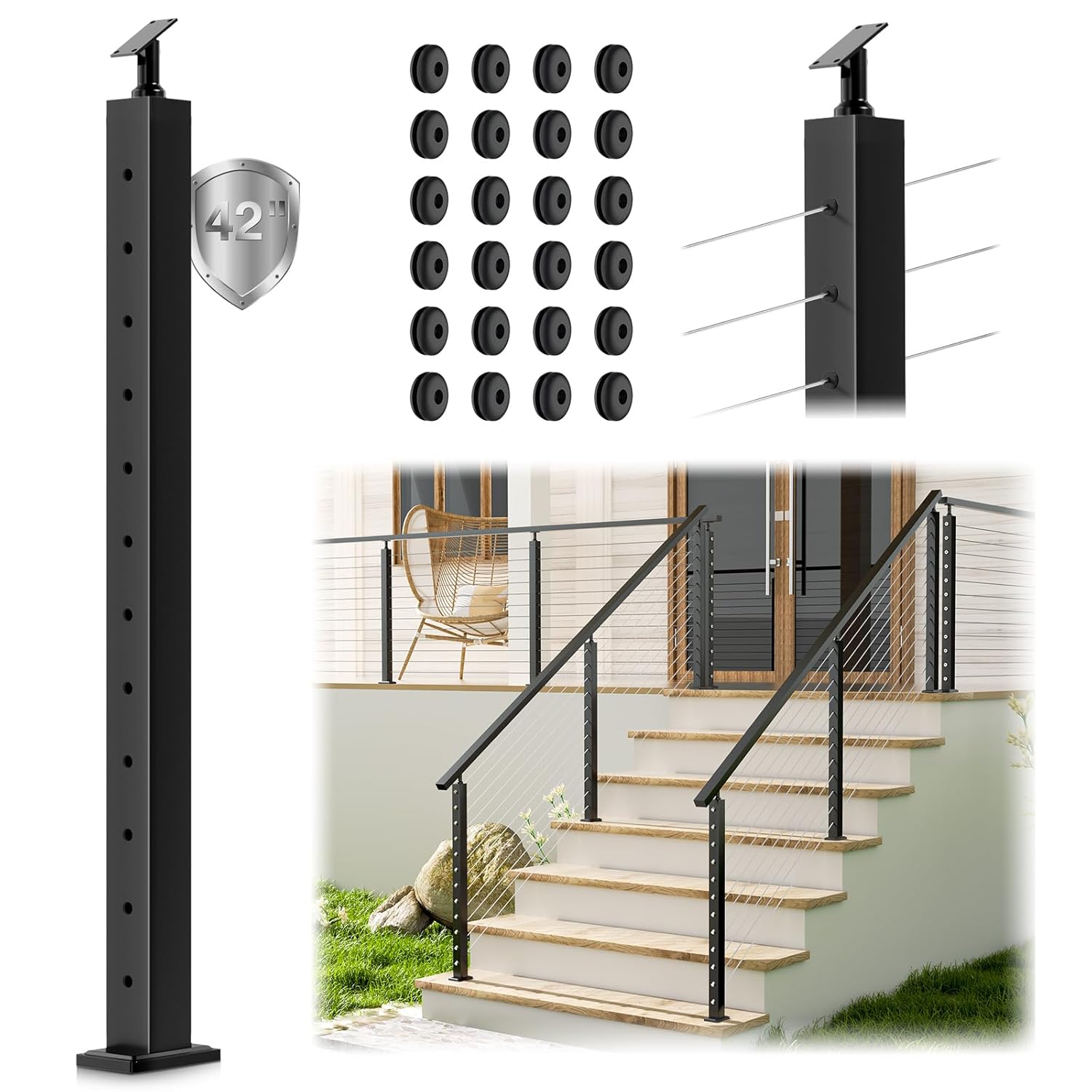 42" Stair Cable Railing Post, 33° Drilled Stair Post Fit for 28-38 Degrees Stairway, Adjustable Top Wire Railing Post for Staircase, Black T304 Stainless Steel Rail Post for Deck Railing System