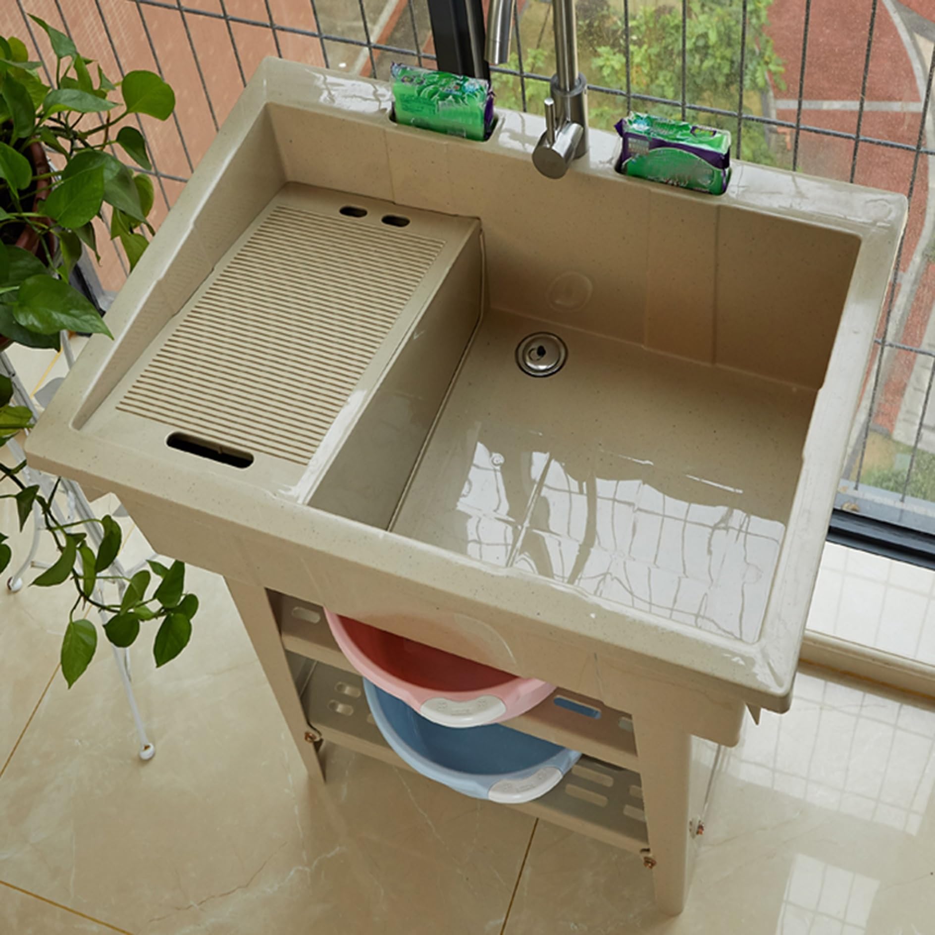 TAXXII Plastic Laundry & Utility Tubs Sinks with Faucet,Freestanding Indoor Outdoor Sink Removable Washboard,Drain Ki,Kitchen Wash Basin,for Washing Room,Basement,Garage,Garden,Shop(Marbl