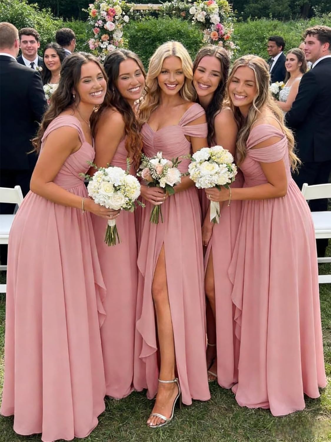 Women's Off The Shoulder Bridesmaid Dresses Long with Slit V Neck A Line Chiffon Formal Evening Dress AS047