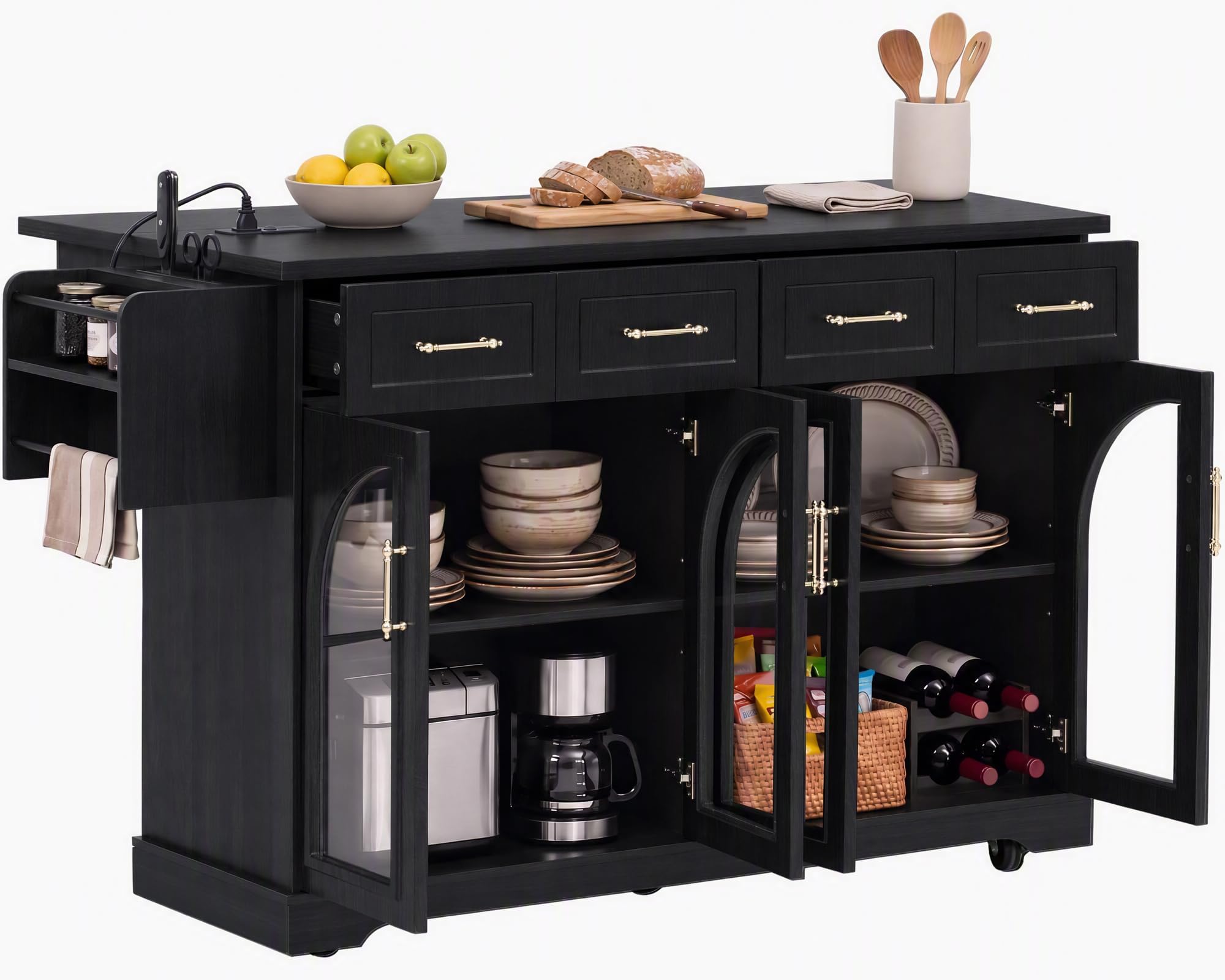 Rovibek 65 inch Rolling Kitchen Island with Storage, Drop Leaf and Power Outlet Black