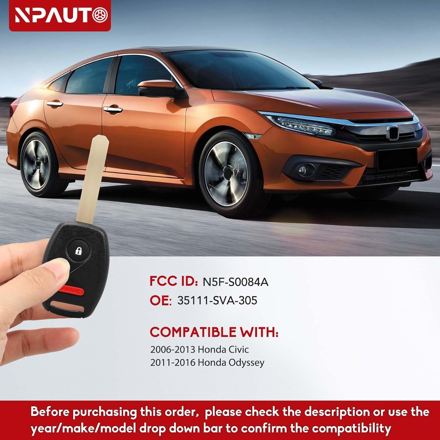 NPAUTO Key Fob Replacement Fits for Honda Civic 2006 2007 2008 2009 2010 2011 2012 2013, Honda Odyssey 2011-2016, Keyless Entry Remote Control Car Key Fobs, (N5F-S0084A, 35111-SVA-305, Pack of 2)