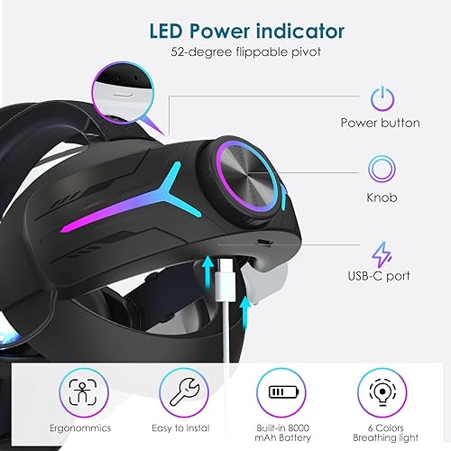 Miniatura 2 de Head Strap Battery Pack for Oculus Quest 2, Replacement Elite Strap 8000mAh Rechargeable Battery PC Accessories, Adjustable Headset with LED
