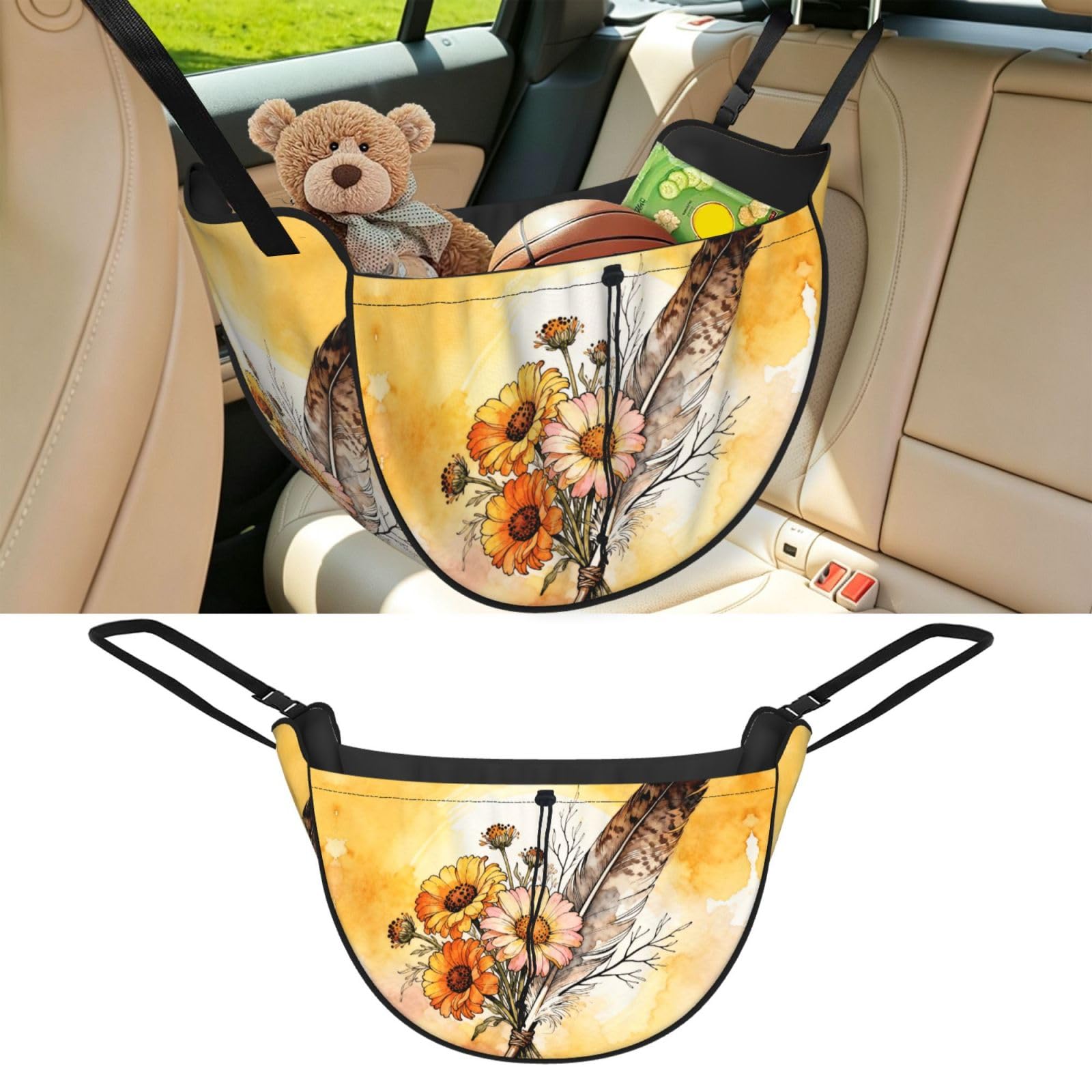 Cntdbu Black Flowers And Feathers Car Seat Organizer-Backseat Storage Bag For Travel