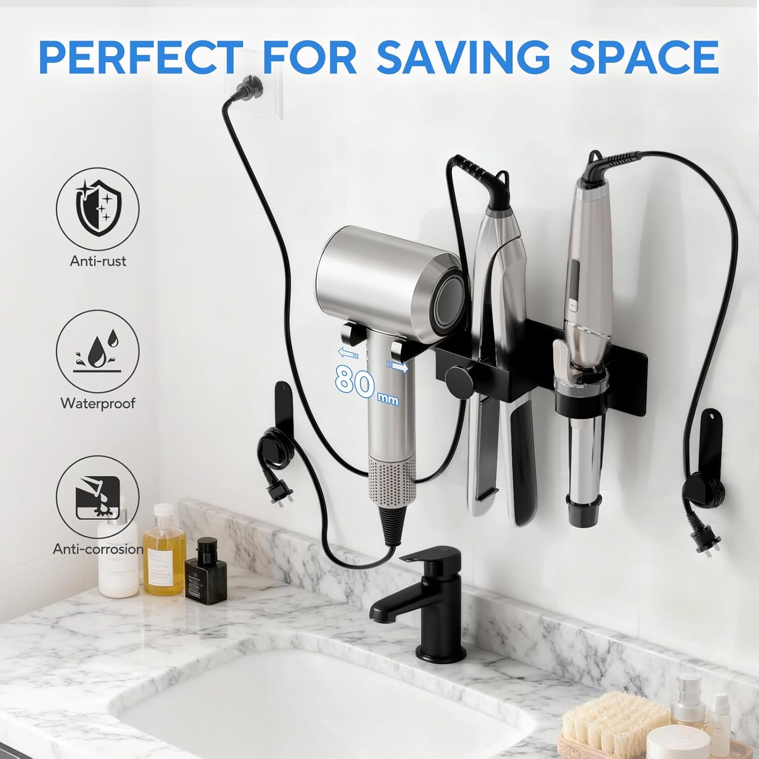 Hair Dryer Holder Wall Mounted, 3 in 1 Curling Iron Holder Flat Iron with Plug&Cord Organizer, Bathroom Hair Tool Organizer Metal Blow Dryer Holder