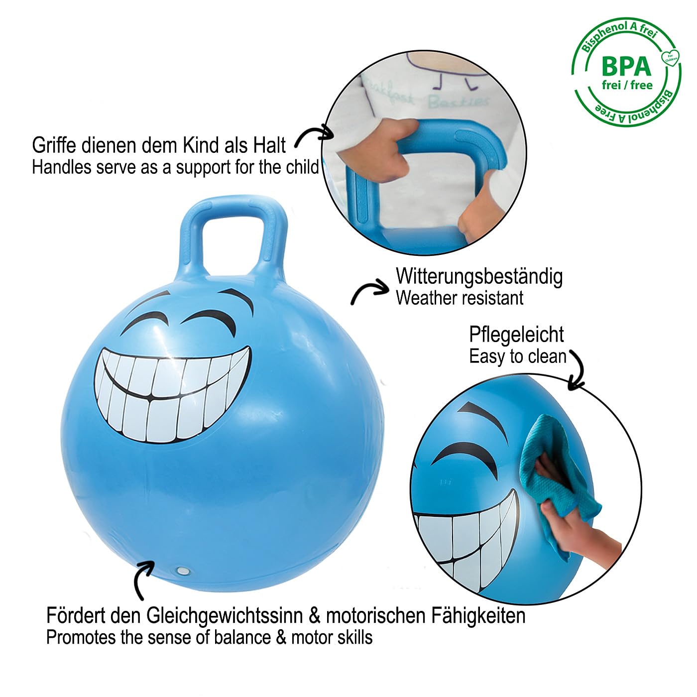 Jamara 460458 - Bouncy Ball Smile Blue 450 mm - Promotes Balance and Motor Skills, Robust, Easy-Care, Up To 50 kg - Image 4