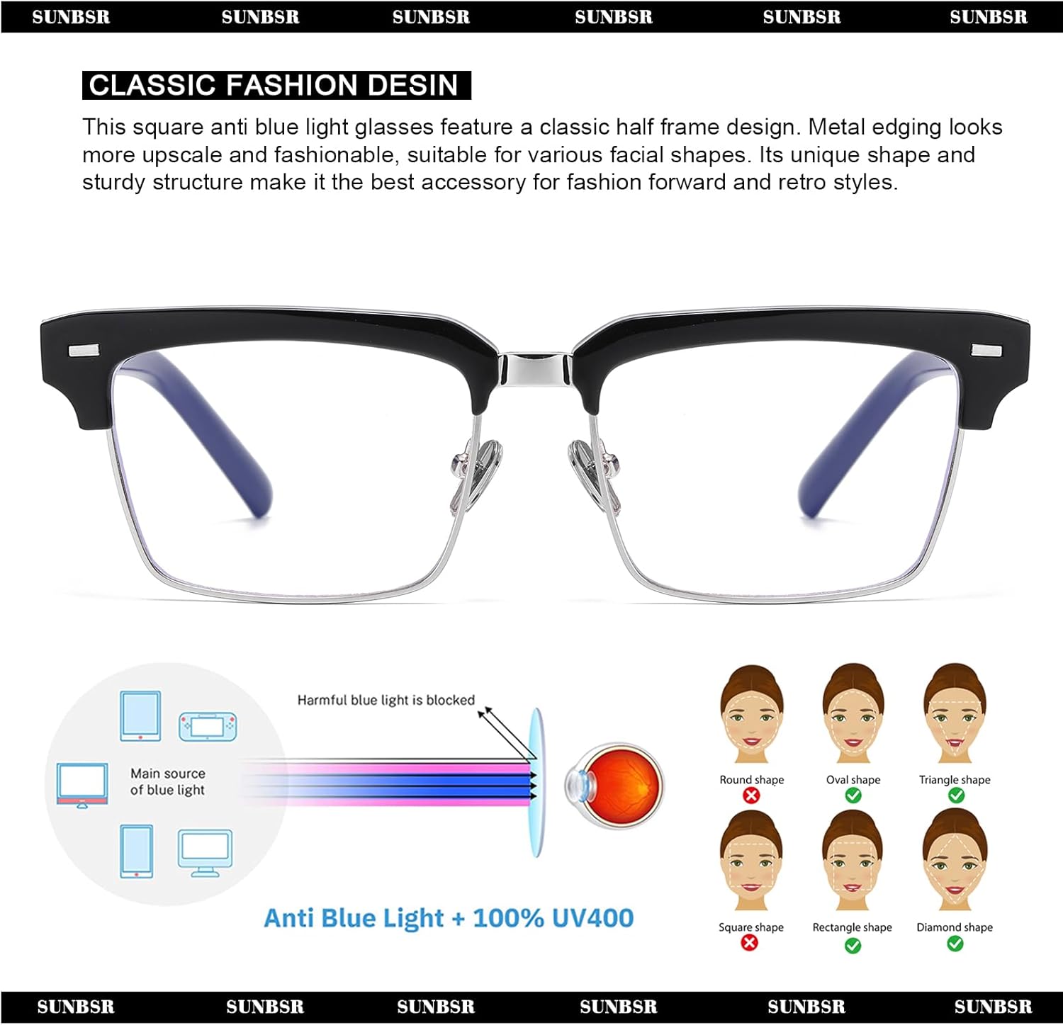 Fashion Square Glasses for Women Men Classic Half Frame Blue Light Blocking Glasses Computer Eyeglasses - Image 5