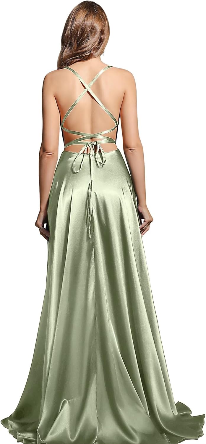 MisShow Women's Spaghetti Straps Prom Dresses with Slit Satin Bridesmaid Dress Long Evening Formal Party Gown