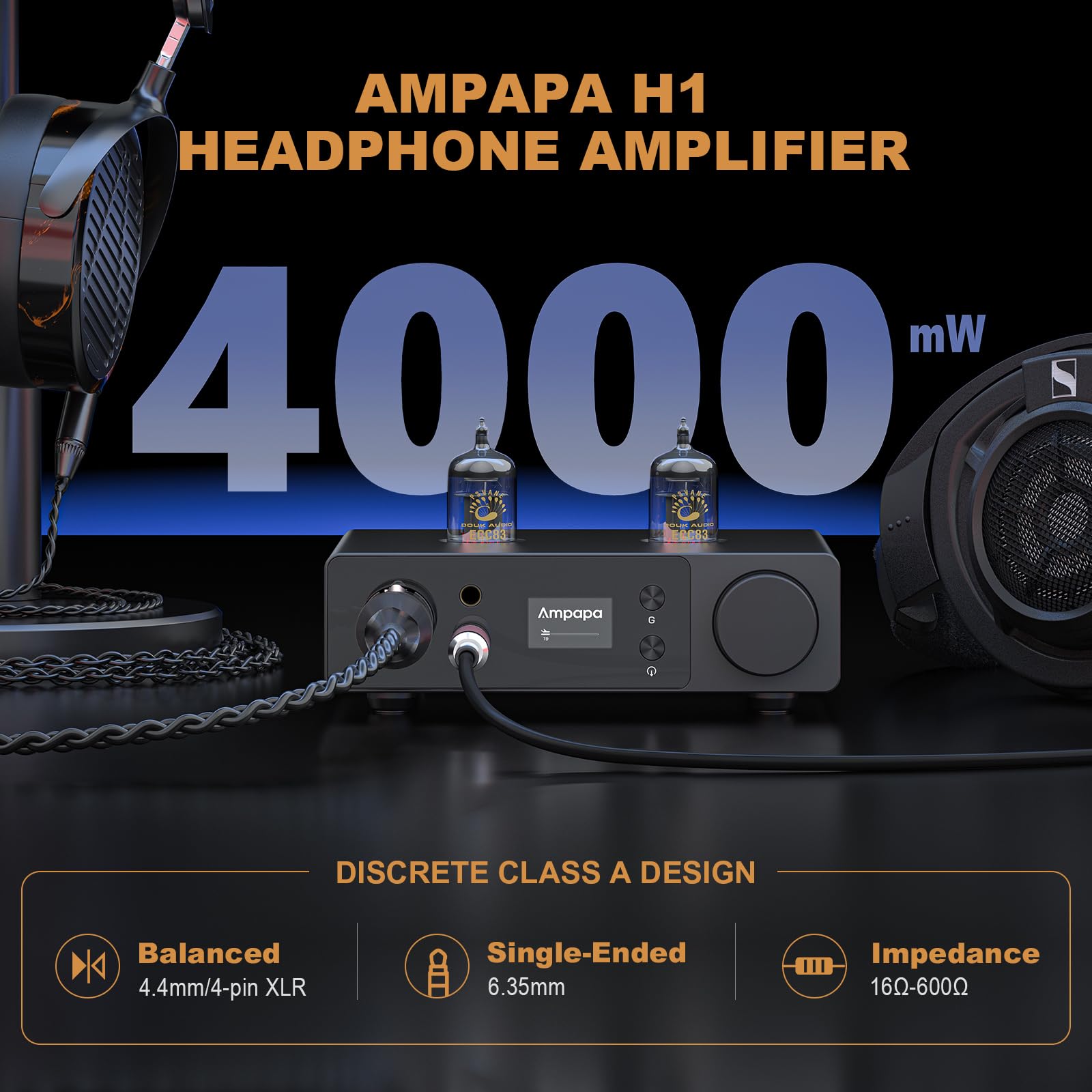 Ampapa Wzmacniacz słuchawkowy H1 Class A, wzmacniacz HiFi Stereo TRS/RCA