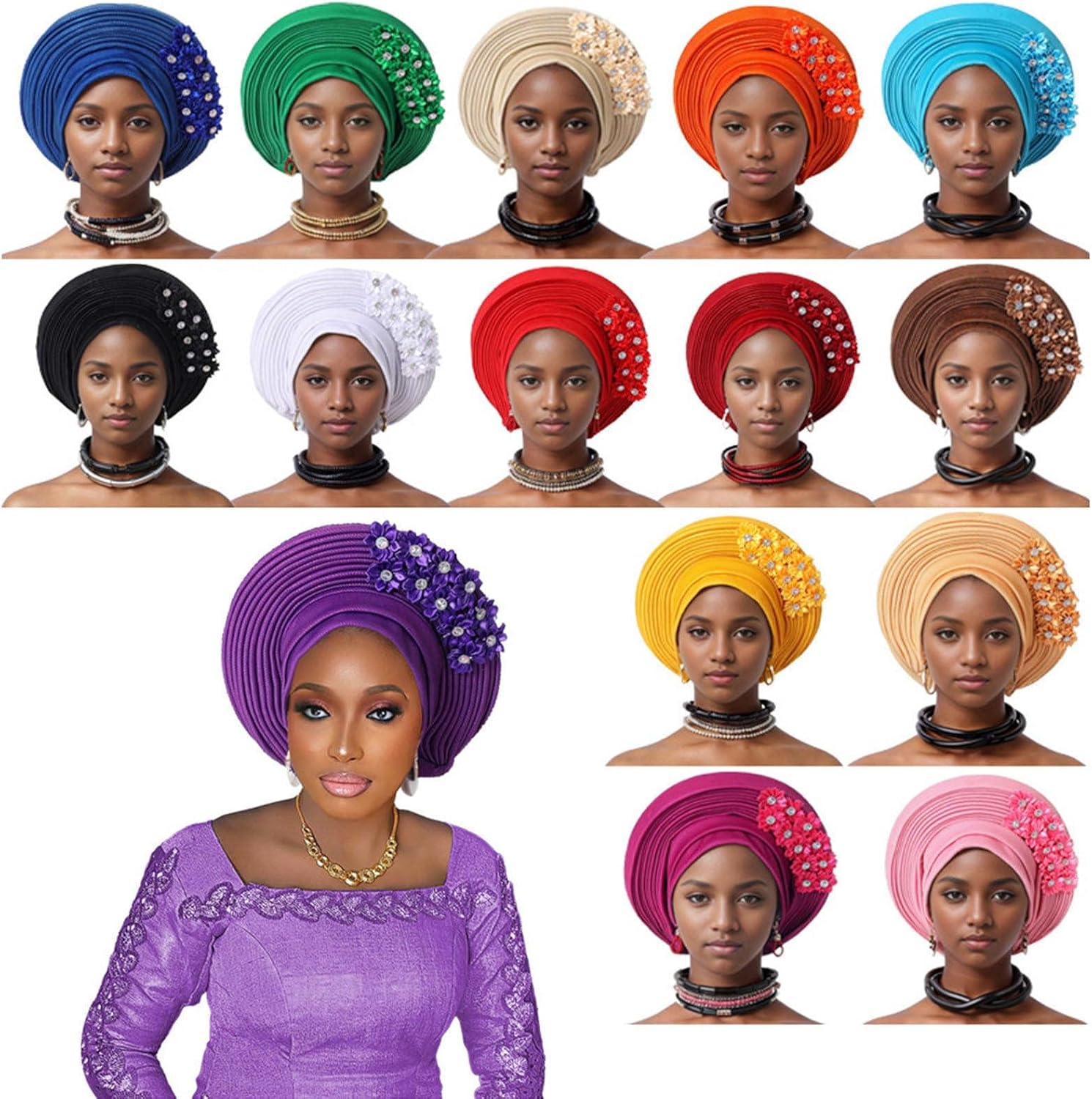 Pre-Tied Nigerian Auto Gele Head Tie African ASO Oke Headwrap Handmade Turban Hat Cap for Women Wedding Party - Image 5