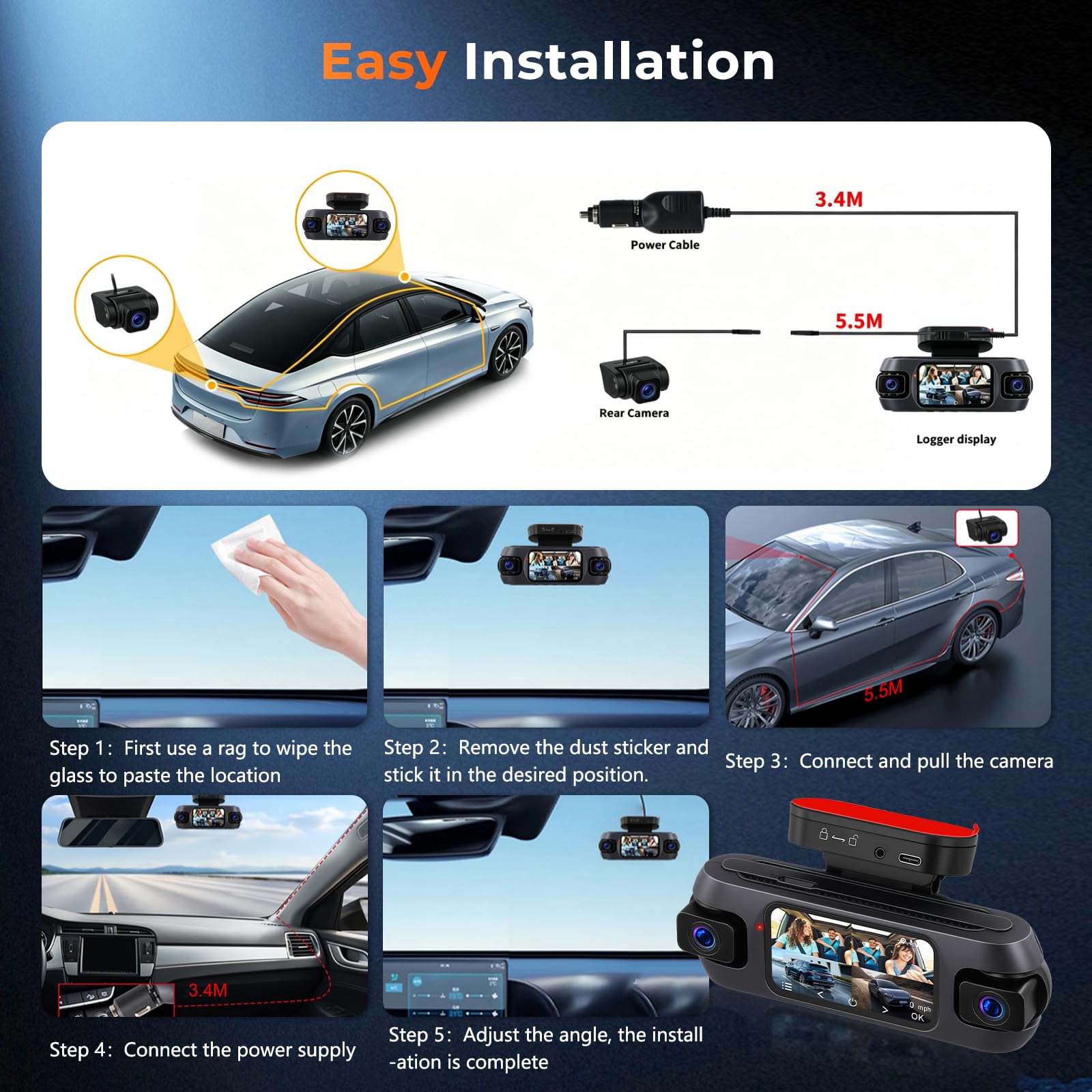 Hikity Cámara de Salpicadero 4K con 4 Canales | Control Wi-Fi y Aplicación, Pantalla IPS de 3'', GPS, Grabación Nocturna y Cámara de Marcha Atrás