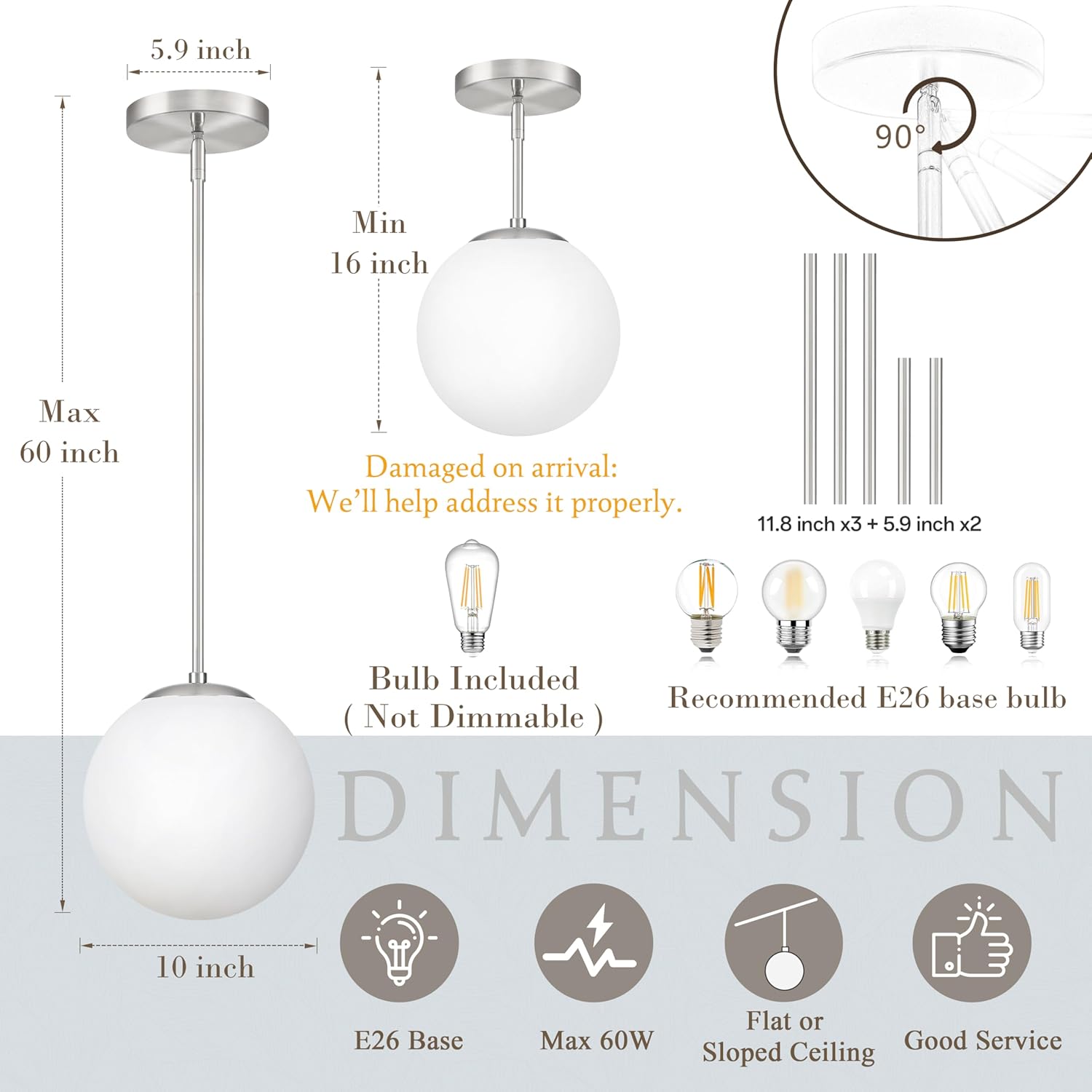 Bagood 10 Inch Globe Pendant Light Nickel Globe Pendant Lights Kitchen Island Mid Century Light Fixture with Milky White Glass Contemporary Adjustable Hanging Lights for Dining Room (Bulb Included)