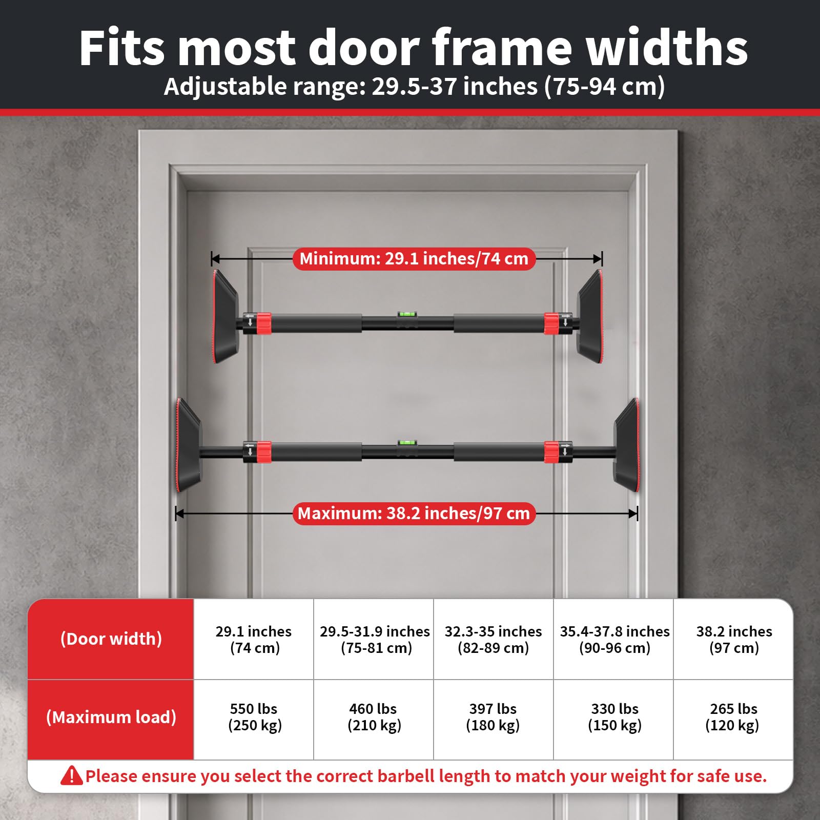 Fokky Barra de dominadas para puerta, barra de dominadas, barra de dominadas, capacidad de carga de hasta 250 kg, barra fija sin tornillos, 74 – 97 cm, extensible, barra de dominadas para puerta con