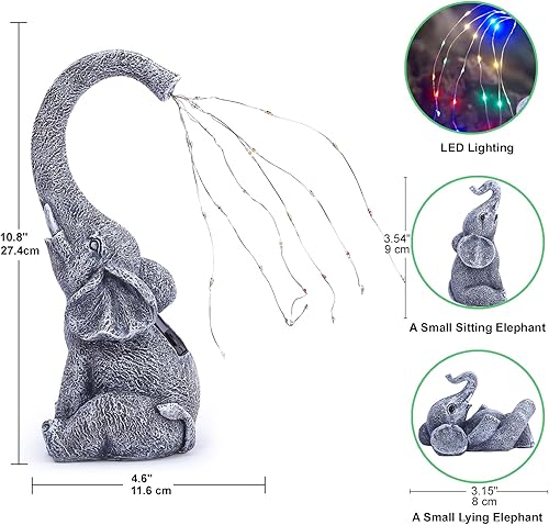 Miniatura 3 de Qeeman Estatuas solares de elefante para decoración de jardín esculturas al aire libre para adornos de césped, porche exterior, patio, balcón, patio