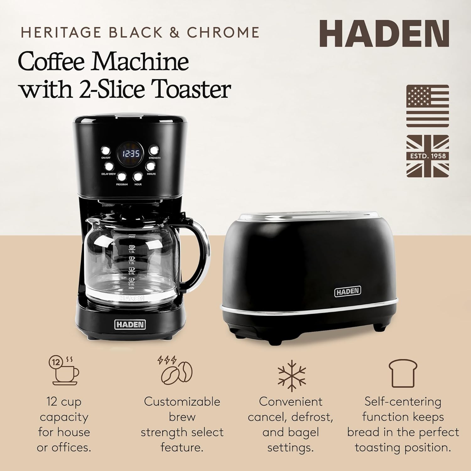 Haden 12 Cup Programmable Drip Coffee Maker Coffee Machine Bundled with Heritage 2 Slice Wide Slot Stainless Steel Toaster, Turquoise & Chrome