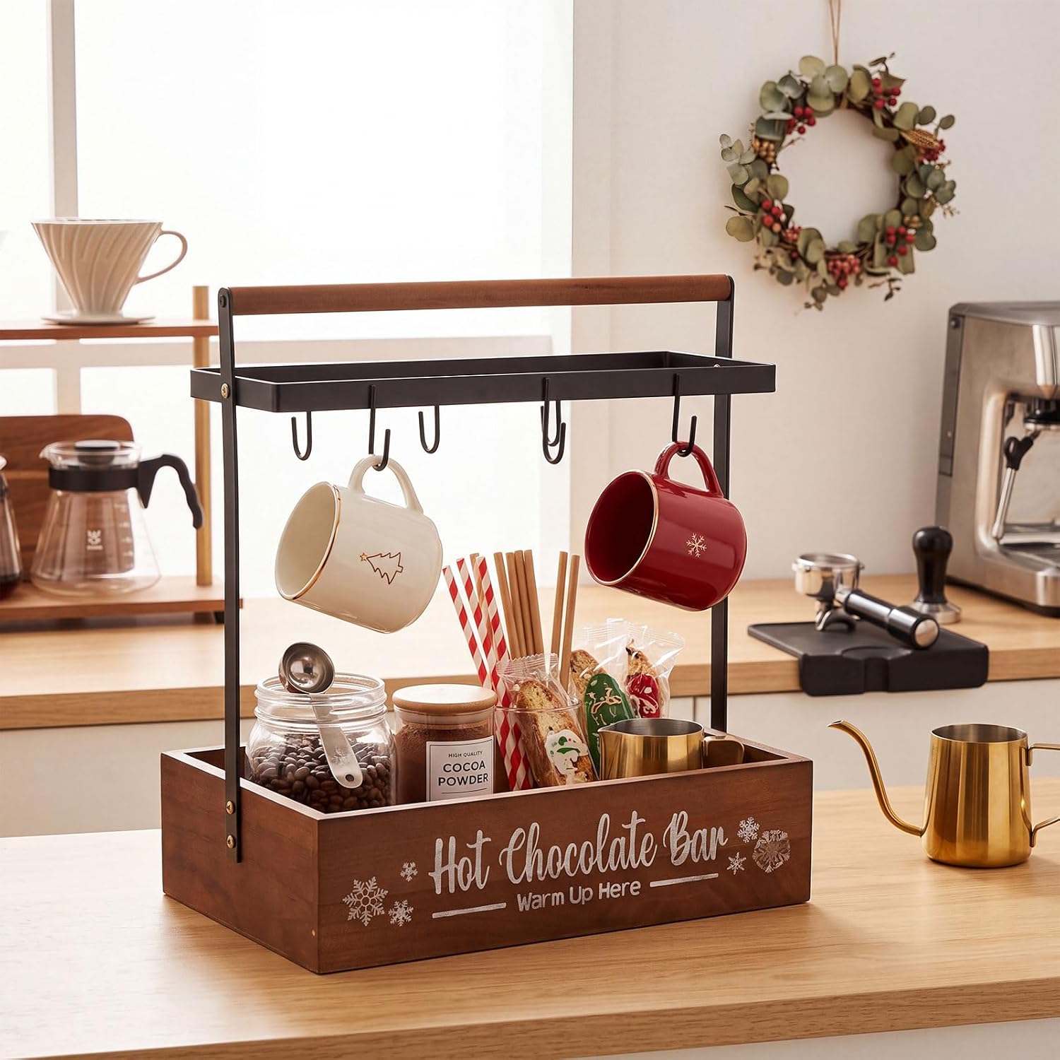 Threehoney Christmas Hot Cocoa Bar Coffee Station Organizer Decorative Wood Storage Box Coffee Mug Holder with 6 Hooks Organizer Pod Holder for Countertop Decorative Storage Bin Accessories (Wood)